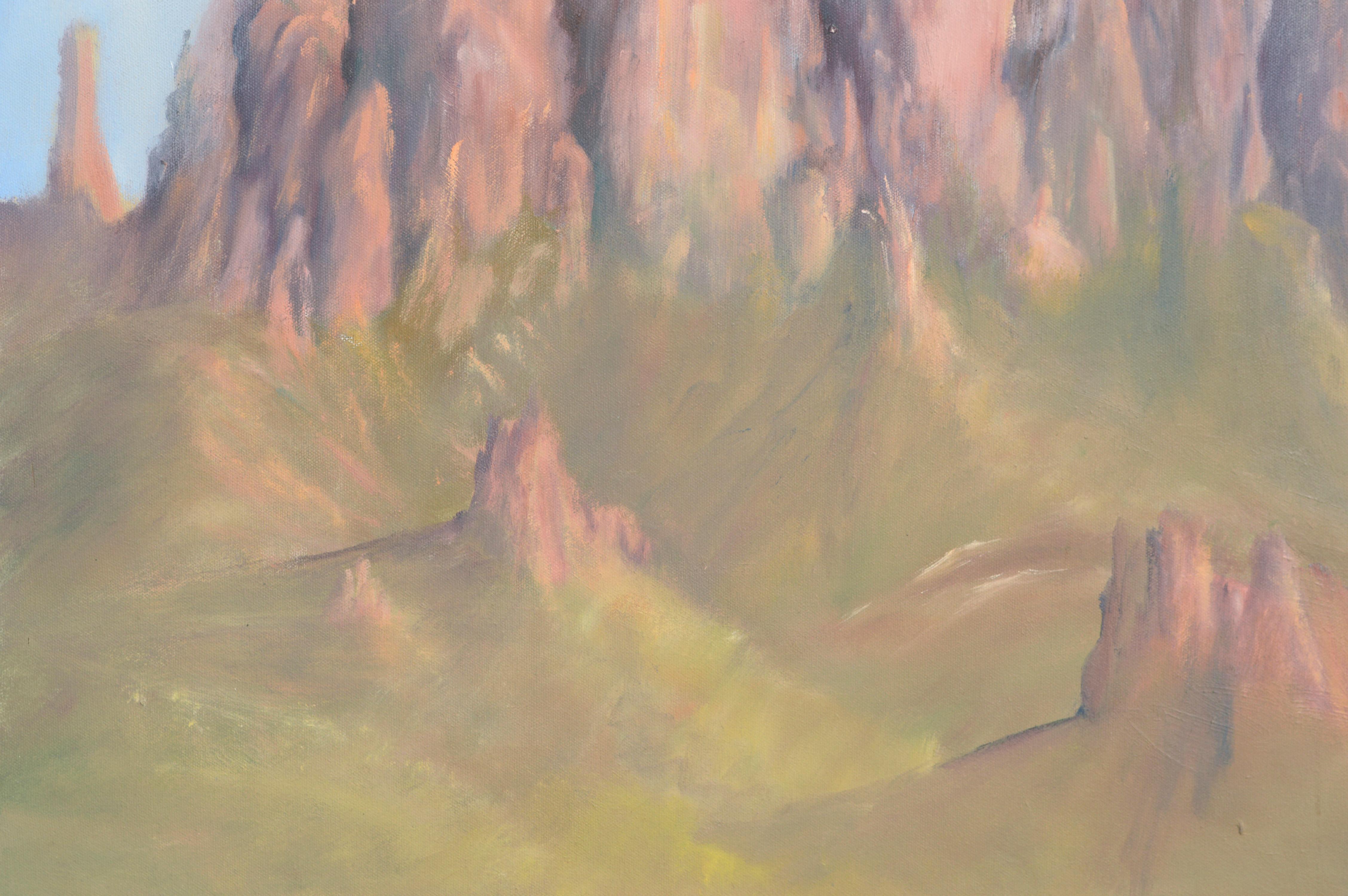 Montagne Superstition, Paesaggio verticale del deserto dell'Arizona - Landscape Painting Marrone di Kenneth Lucas