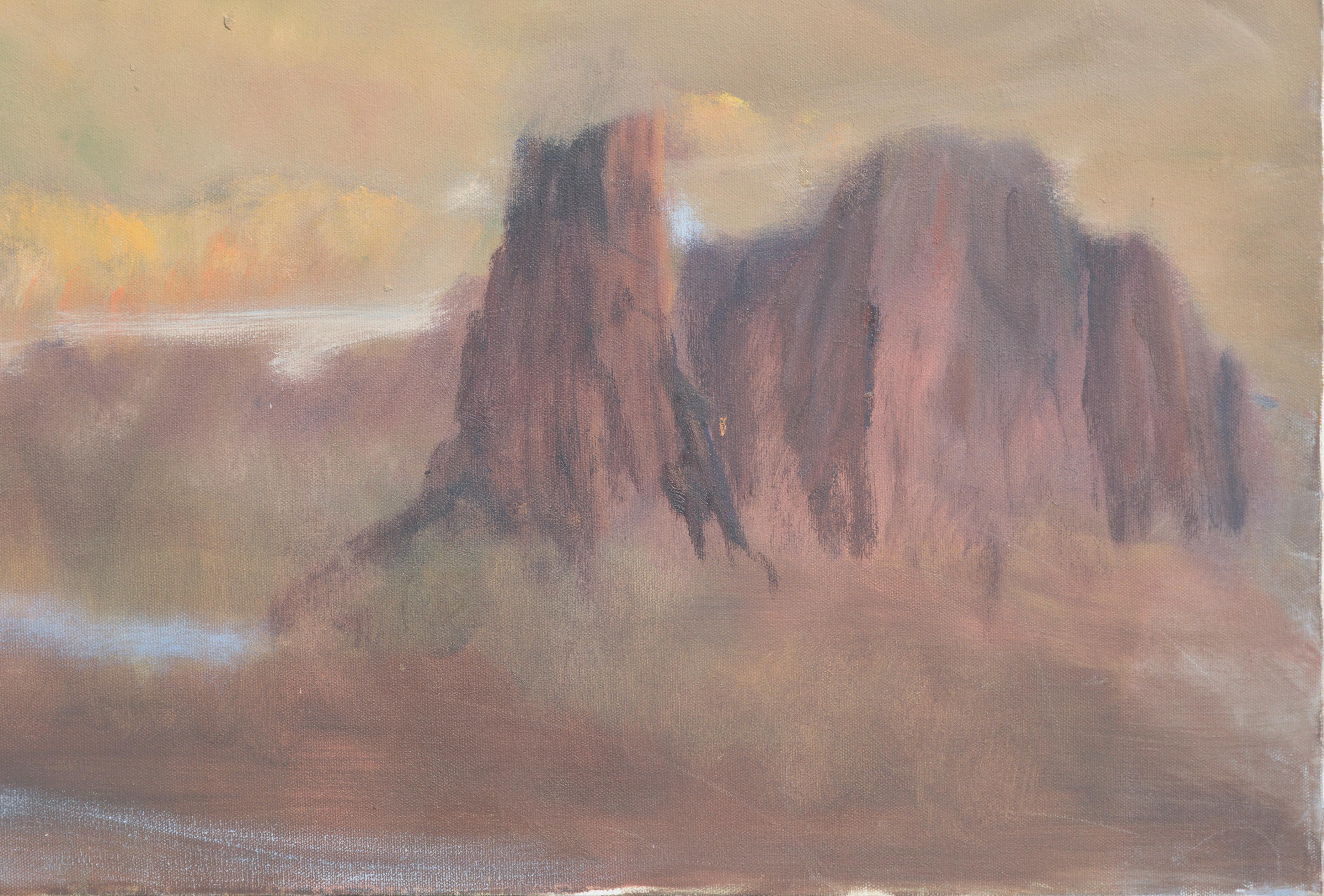 Superstition Mountains, Arizona Desert Vertical Landscape - American Impressionist Painting by Kenneth Lucas