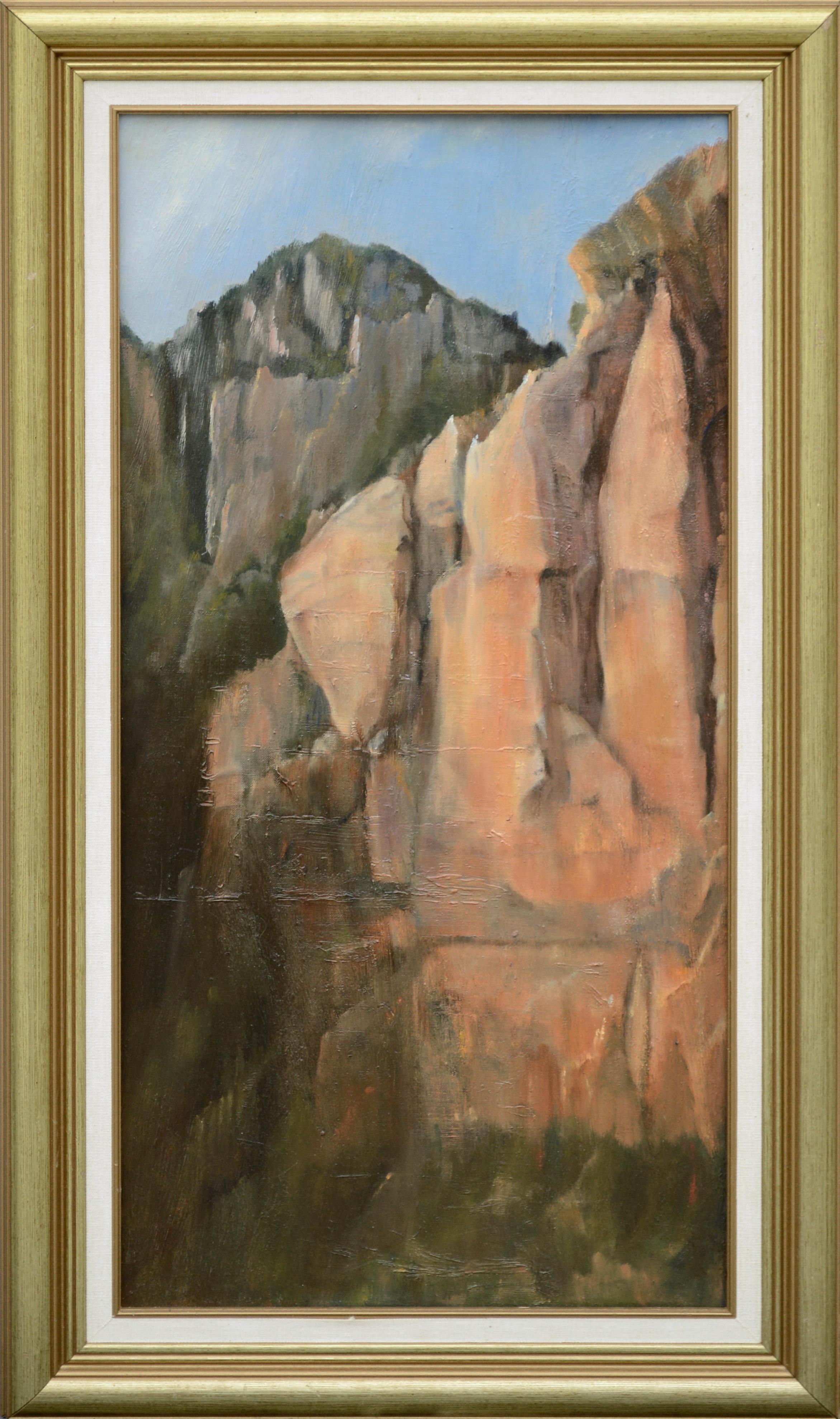 Kenneth Lucas Landscape Painting - Red Cliffs, Southwestern Desert Mountain Vertical Landscape 