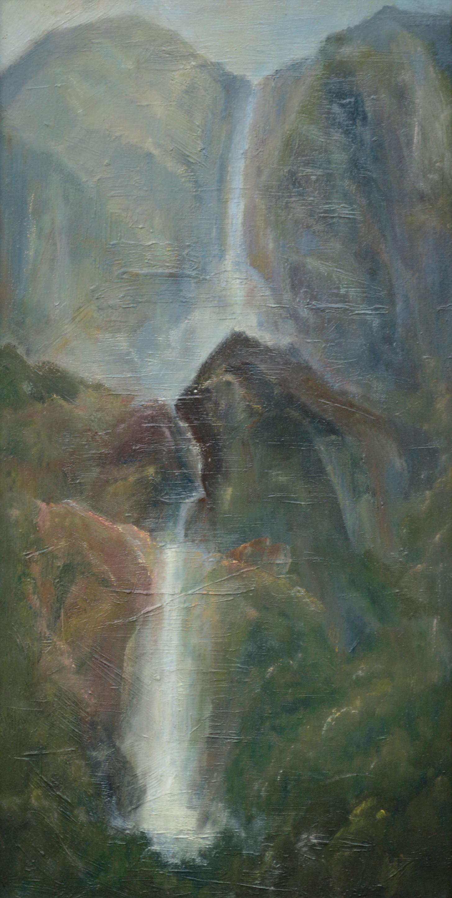 Misty Mountain Waterfalls, Vertical Landscape - Painting by Kenneth Lucas