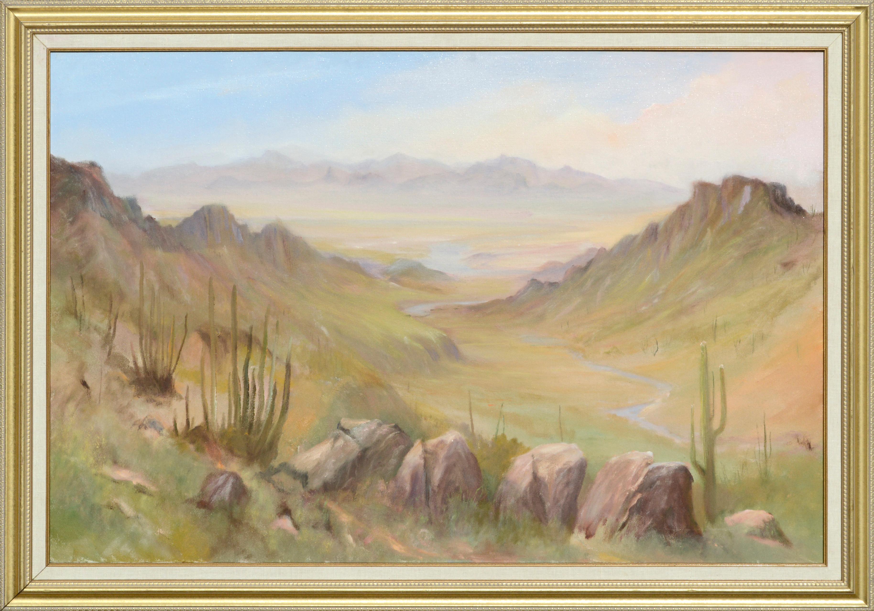Kenneth Lucas Landscape Painting - Arizona Valley Desert Landscape with Saguaro Cactus 