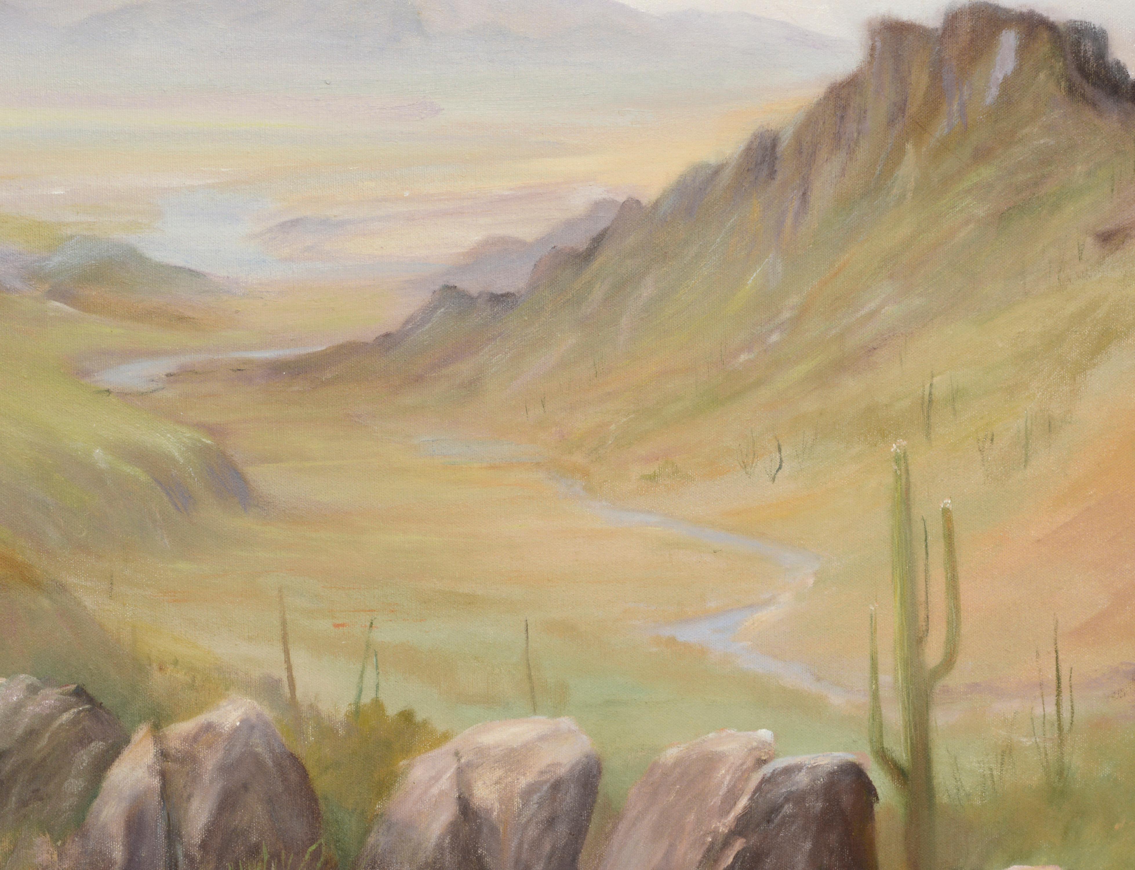 Expansive desert landscape with saguaro cacti, the iconic desert plant that defines the region, by Ken Lucas (American, 20th Century). 