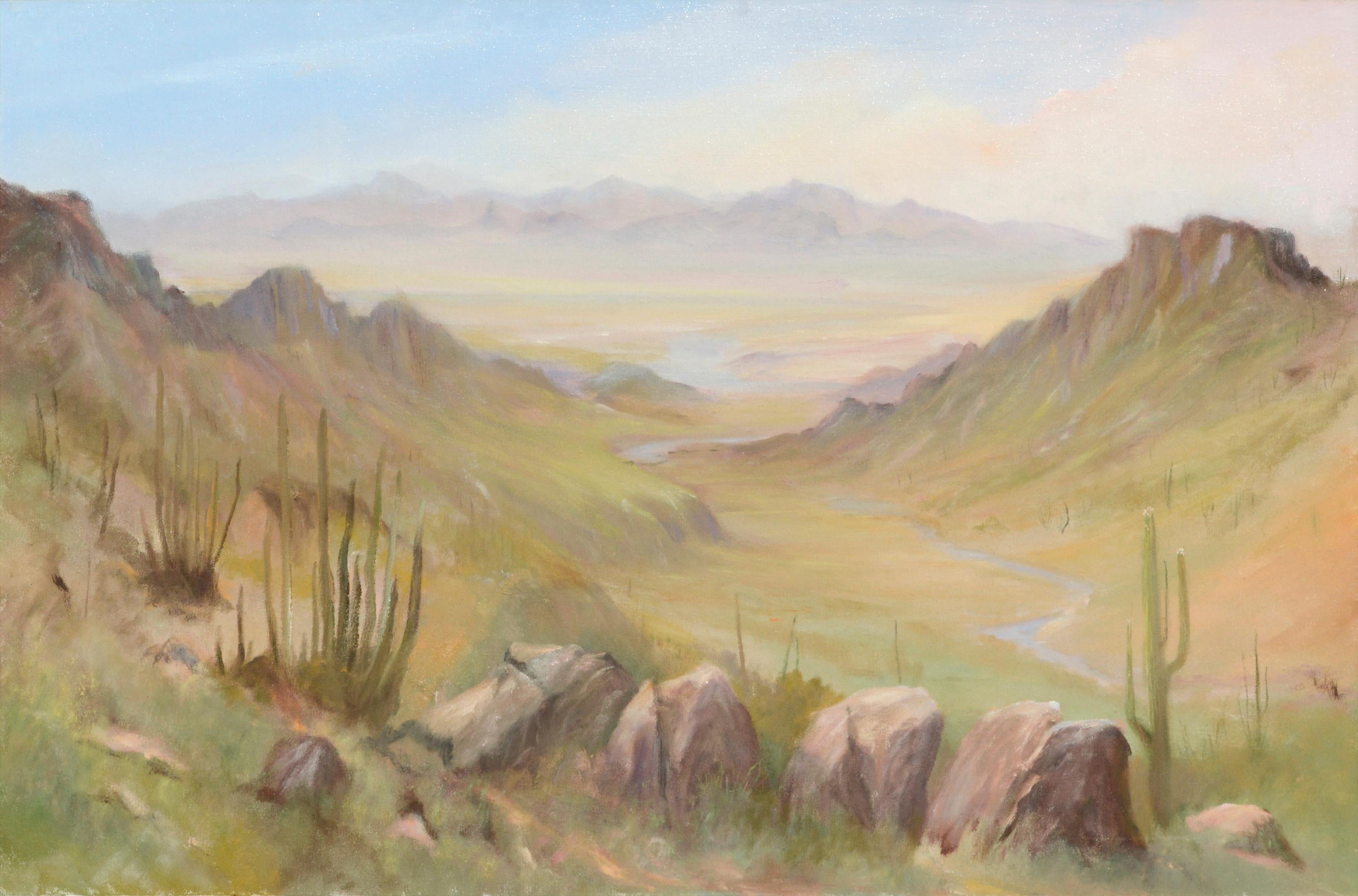 Arizona Valley Desert Landscape with Saguaro Cactus  - Painting by Kenneth Lucas