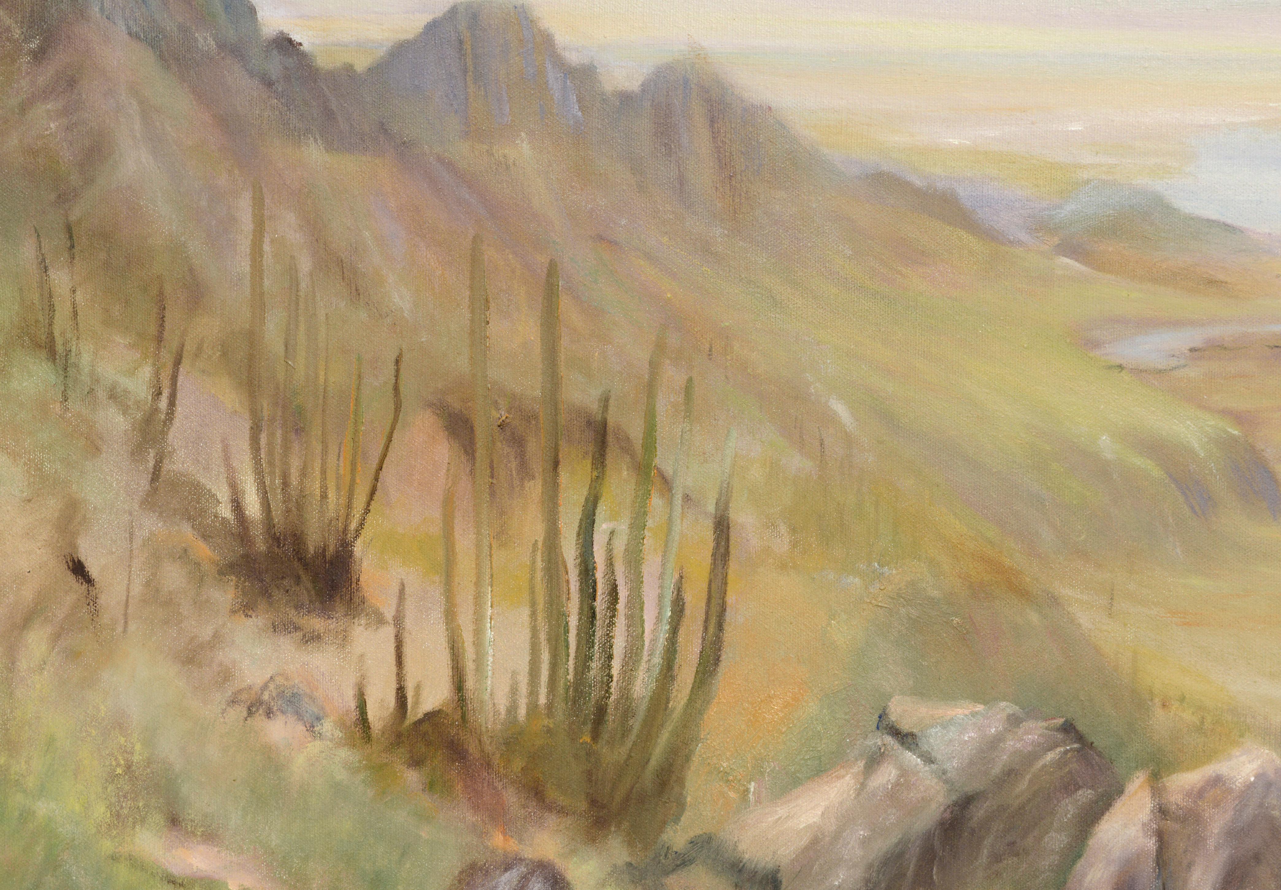 Arizona Valley Desert Landscape with Saguaro Cactus  - Brown Landscape Painting by Kenneth Lucas