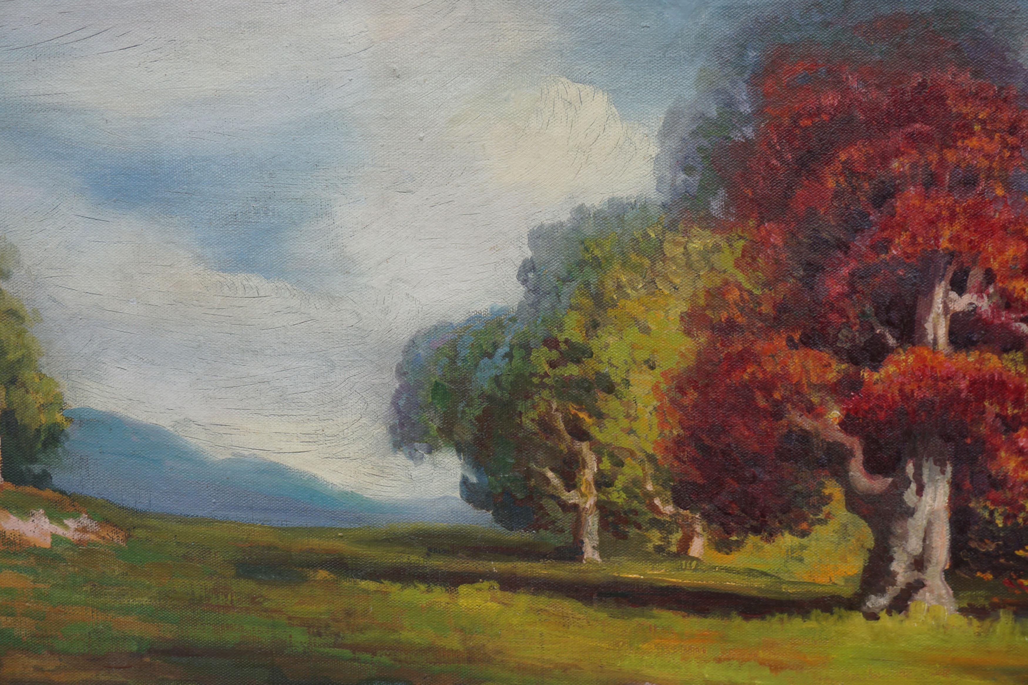 1920's Northern California Autumn Oak Trees Landscape  - Painting by Sydney Lemos