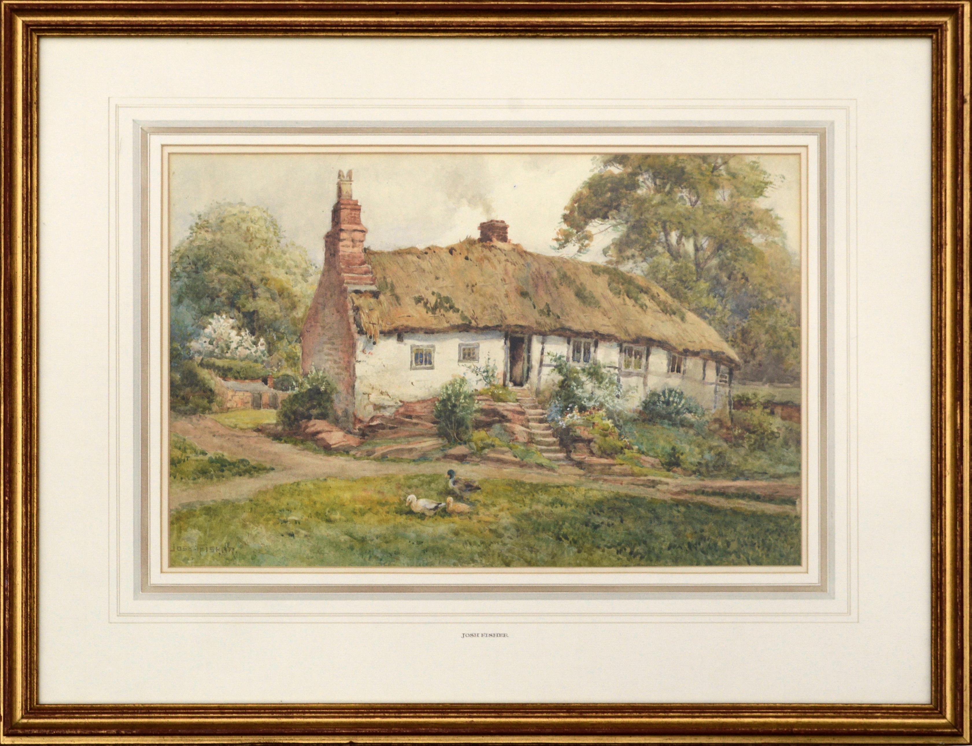 Joshua Fisher Figurative Art - Early 20th Century Country Cottage Landscape with Ducks 