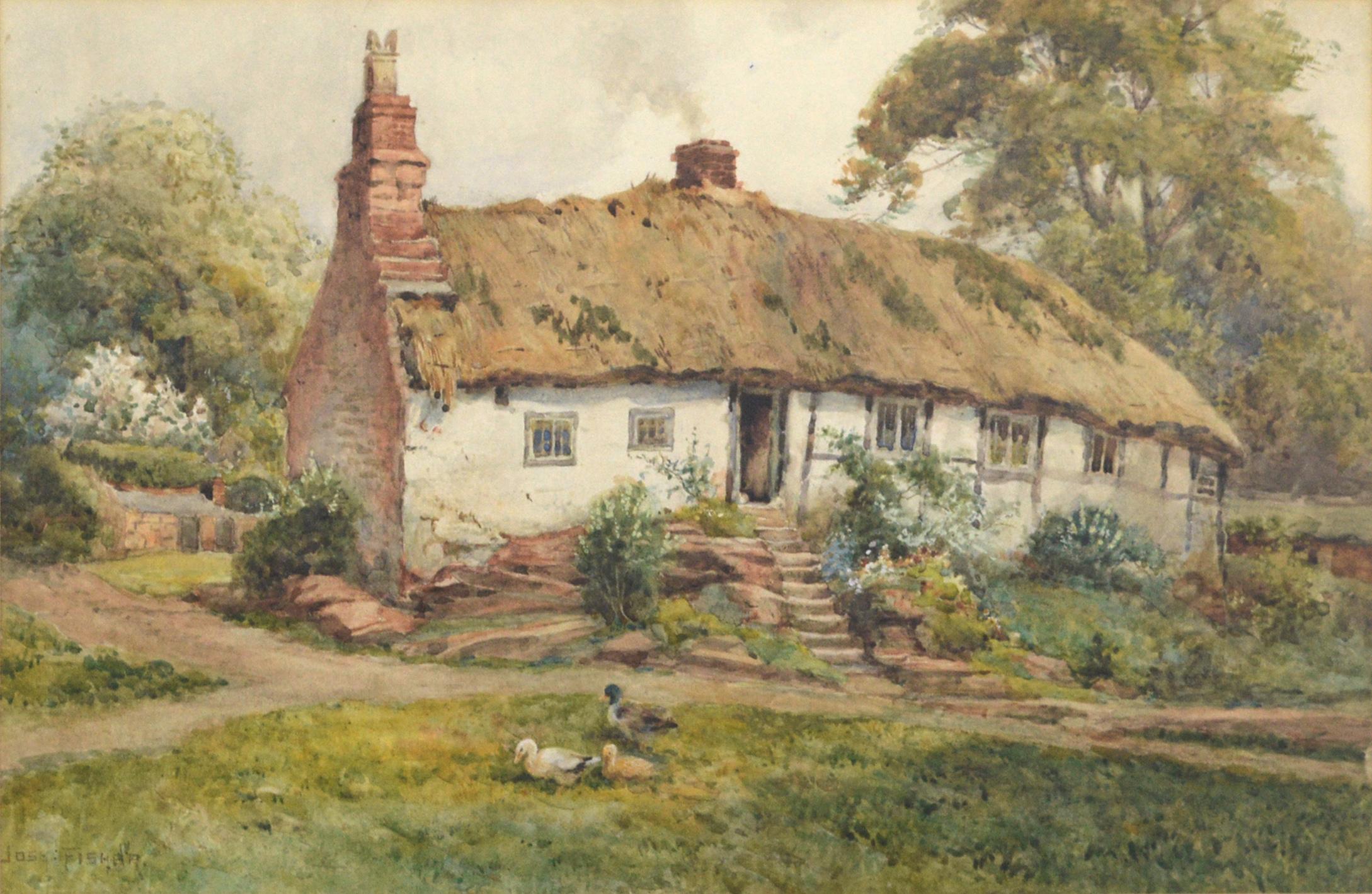 Early 20th Century Country Cottage Landscape with Ducks  - Art by Joshua Fisher
