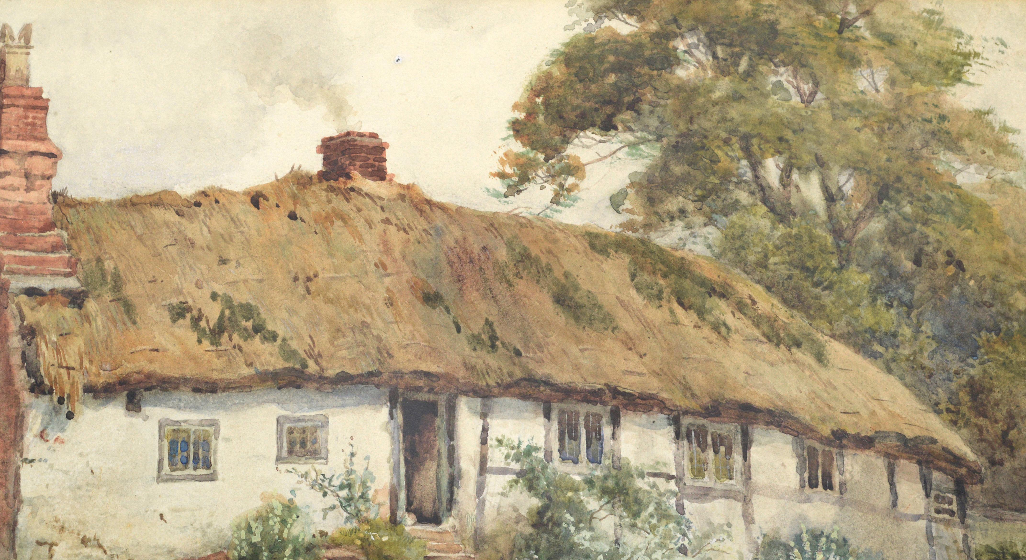 Représentation sereine d'une maison de campagne avec des canards dans l'herbe par Josh Fisher (britannique, 1859-1930). Signé 