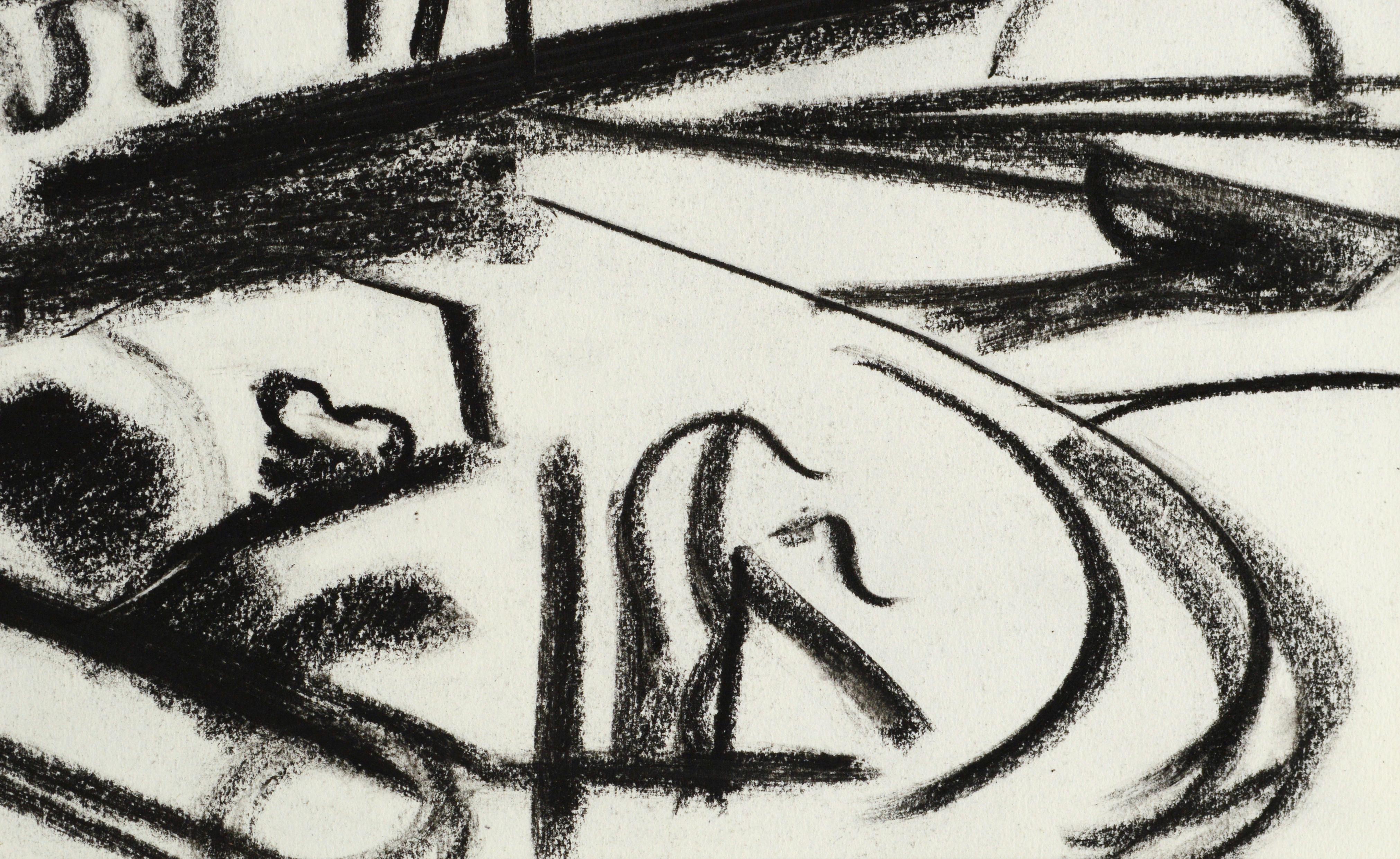 Kräftige abstrakte geometrische Landschaft, eine ausdrucksstarke schwarz-weiße Strichzeichnung in Pastell, von Erle Loran (Amerikaner, 1905-1999). Unsigniert, wurde aber aus dem Nachlass des Künstlers erworben. Präsentiert in einer neuen schwarzen