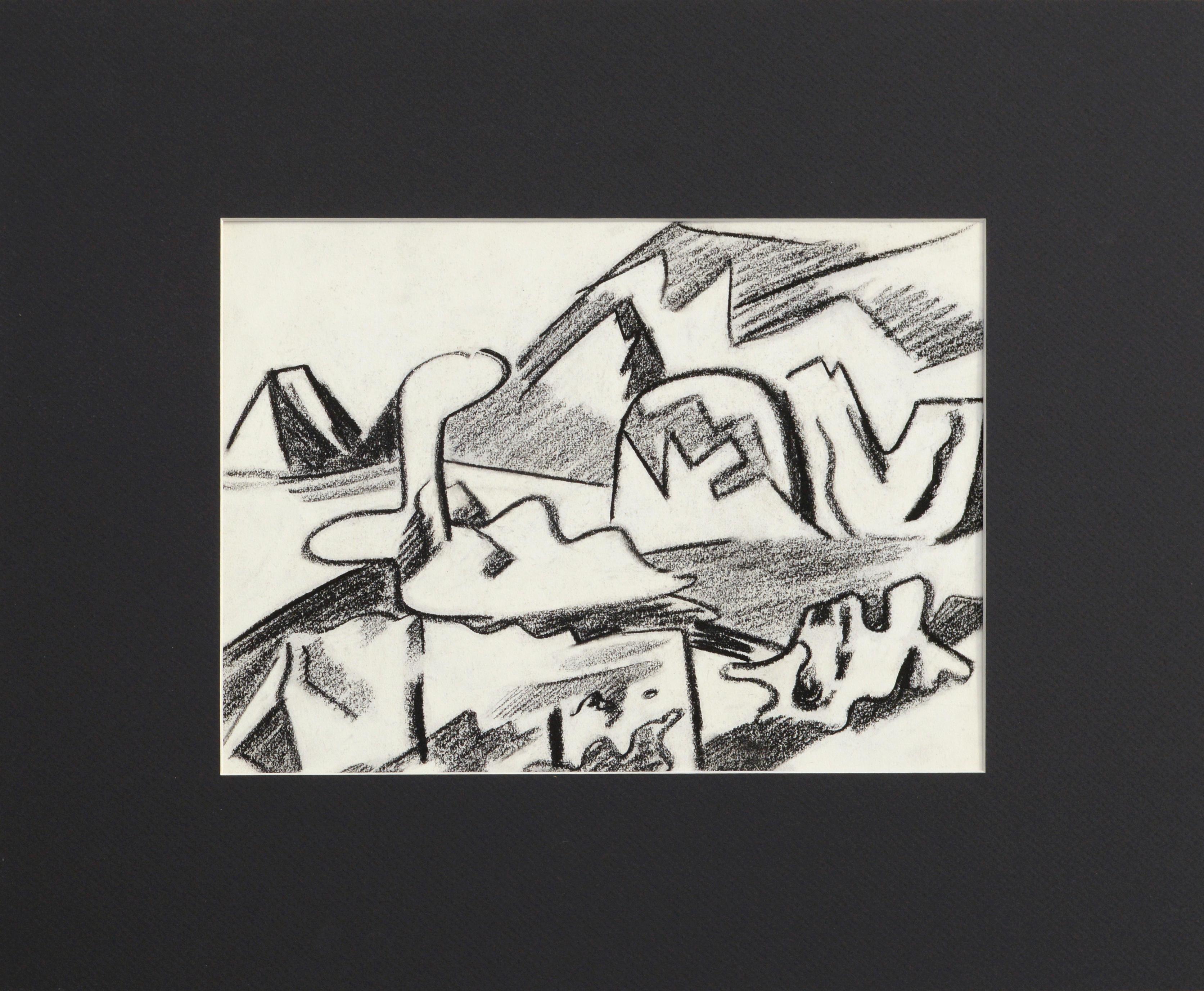 Mid Century Abstracted Bay Area Landscape, Black & White Pastel Drawing 