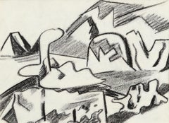 Mid Century Abstracted Bay Area Landscape, Black & White Pastel Drawing