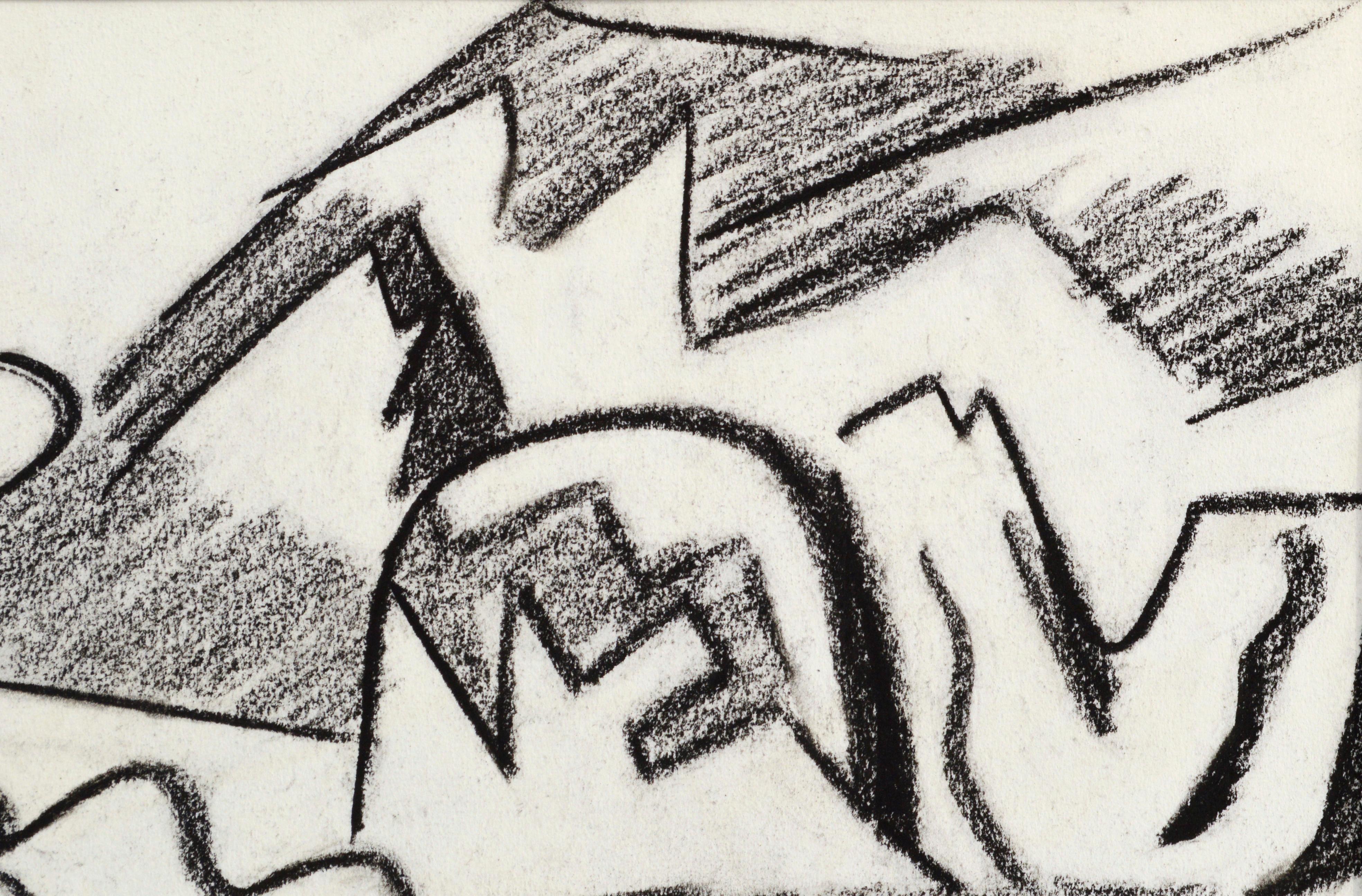 Kräftige abstrakte schwarz-weiße Pastell-Landschaftszeichnung von Erle Loran (Amerikaner, 1905-1999). Unsigniert, wurde aber aus dem Nachlass des Künstlers erworben. Präsentiert in einer neuen schwarzen Matte mit Schaumstoffunterlage. Provenienz: