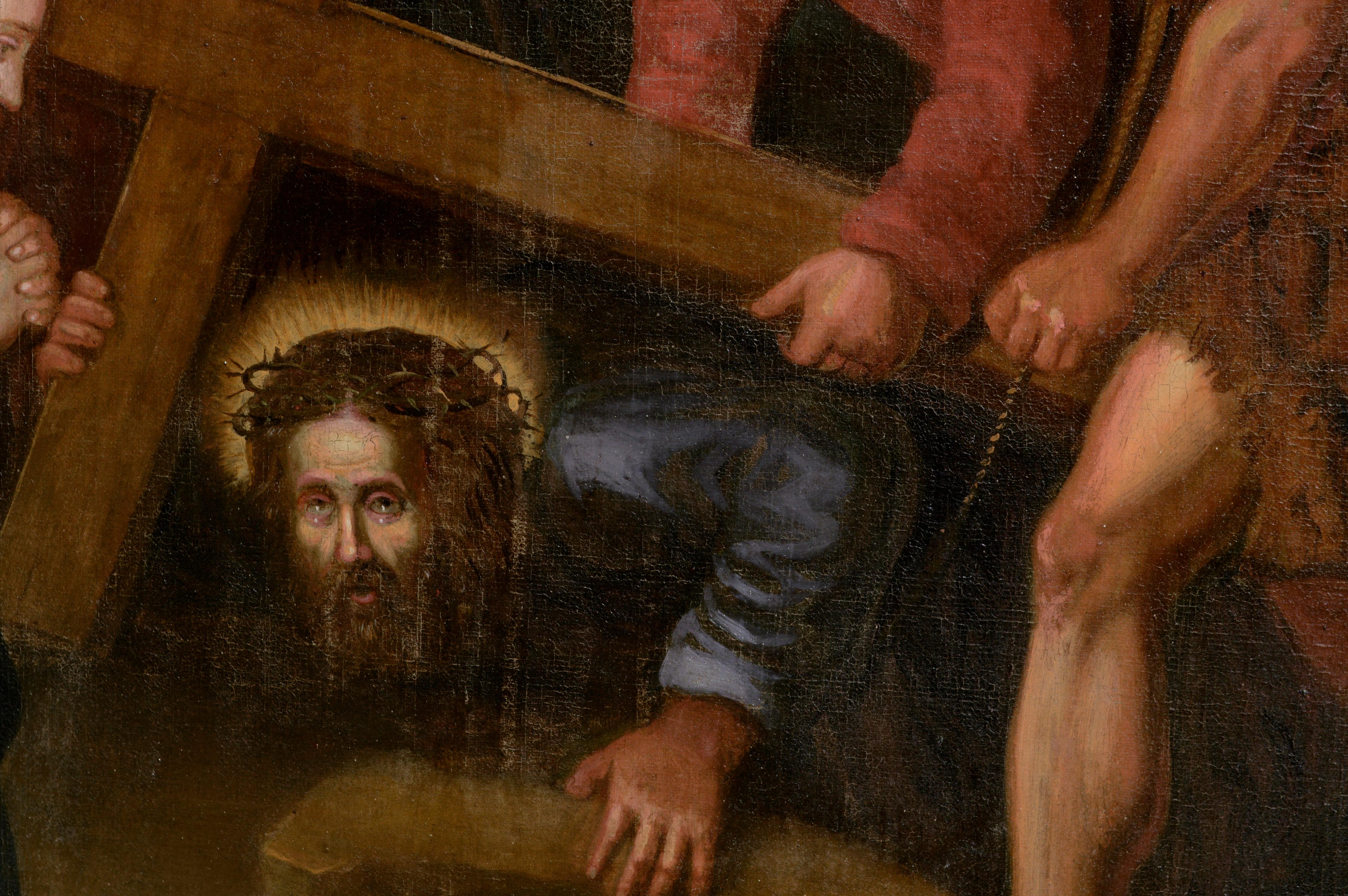 Ausdrucksstarke Darstellung von Christus, der von Simon von Cyrene unterstützt wird, von einem unbekannten Künstler im Stil der Italienischen Schule der nordeuropäischen Maler des 17. Jahrhunderts, vor allem der Niederländer, ca. 1700-1800. Dieses