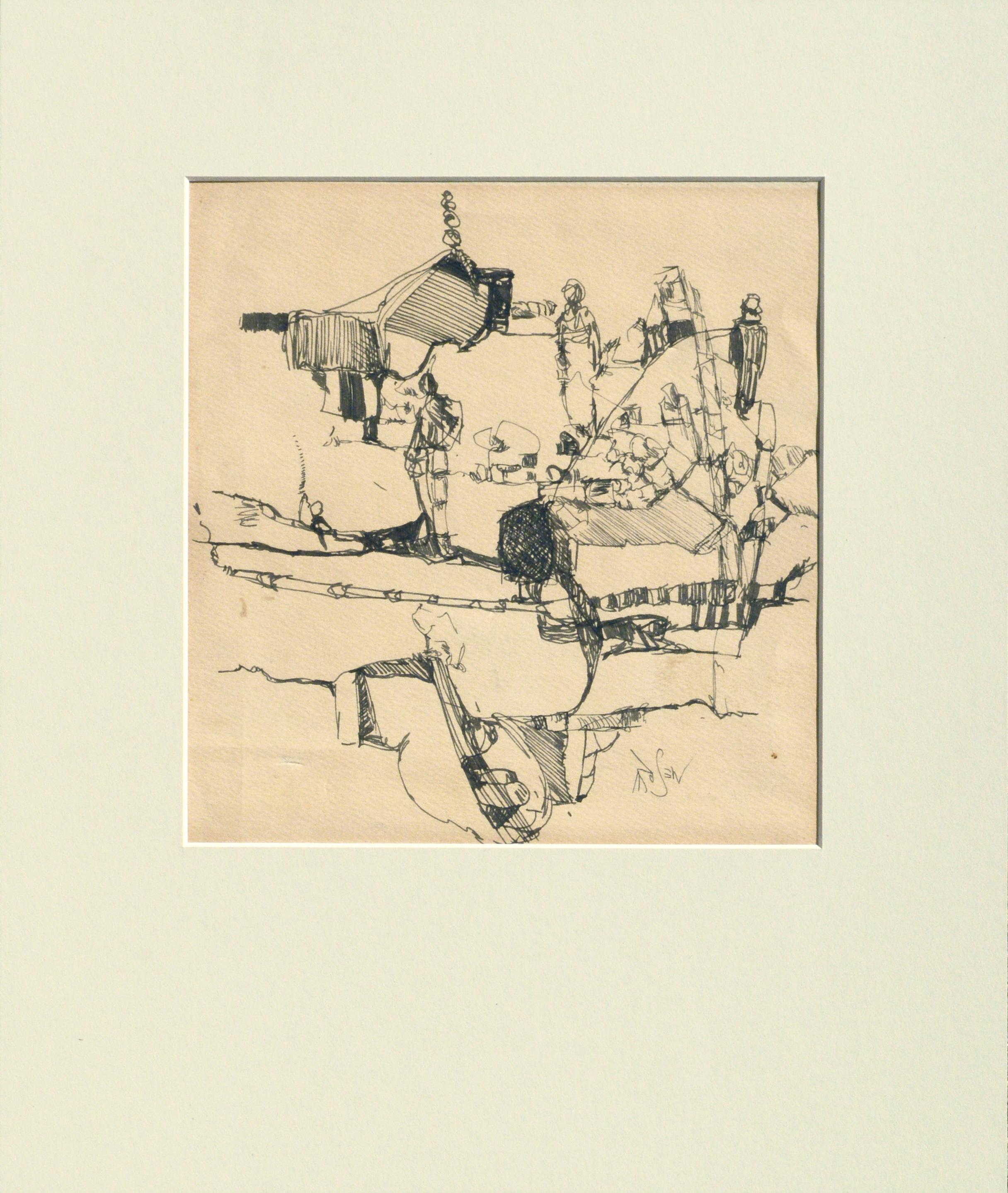 David Rosen (b.1912) Abstract Drawing – Abstrakte Figuren und Landschaften, surreale Linienzeichnung, Komposition