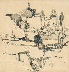 Figuras abstractas y paisaje, composición surrealista de dibujo lineal