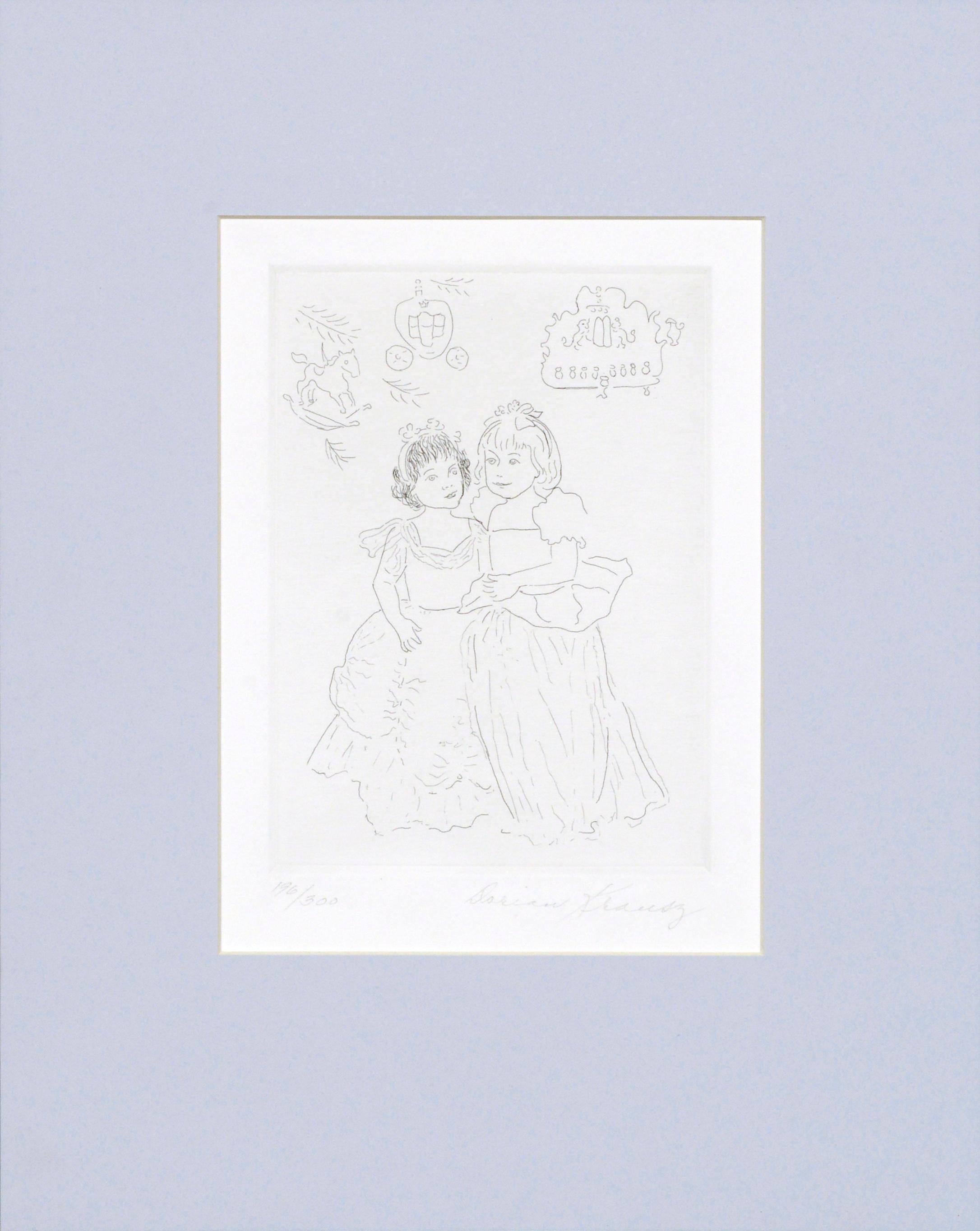 Gravure figurative de deux filles dans des robes, dessin au trait 
