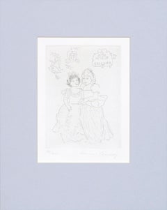 Figurative Etching of Two Girls in Gowns, Line Drawing 