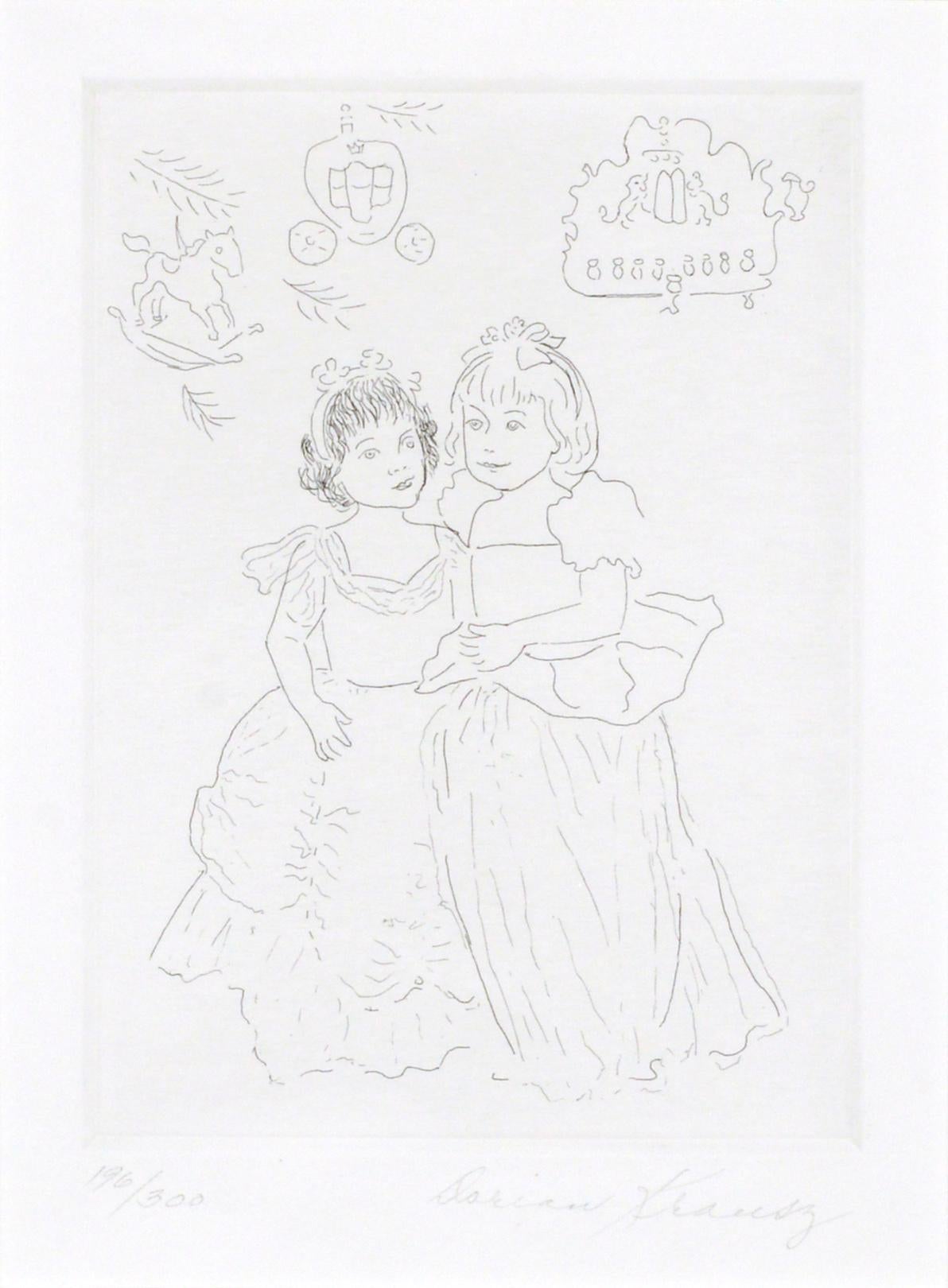 Gravure figurative de deux filles dans des robes, dessin au trait  - Print de Dorian Krausz