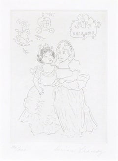 Gravure figurative de deux filles dans des robes, dessin au trait