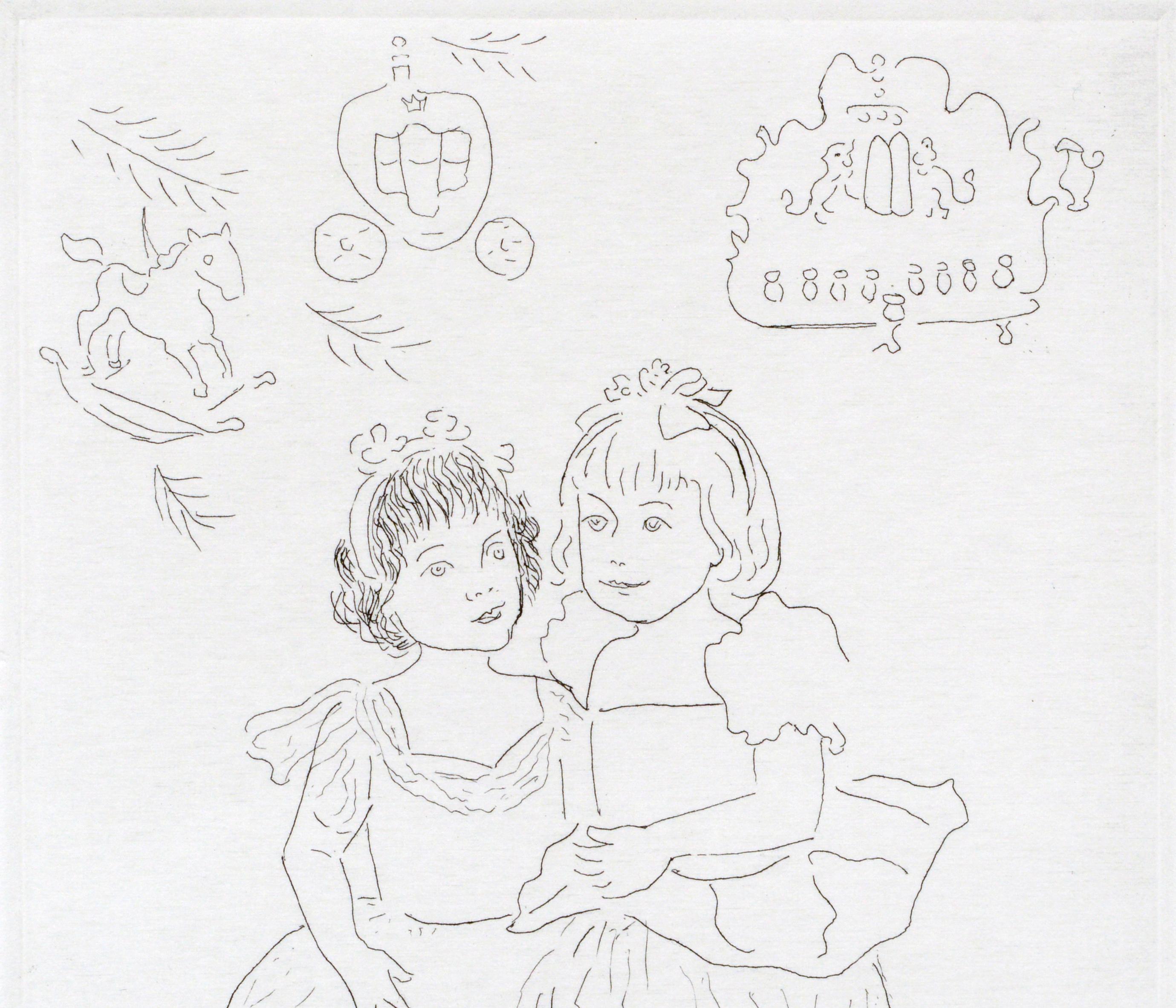 Gravure figurative de deux filles dans des robes, dessin au trait  - Contemporain Print par Dorian Krausz