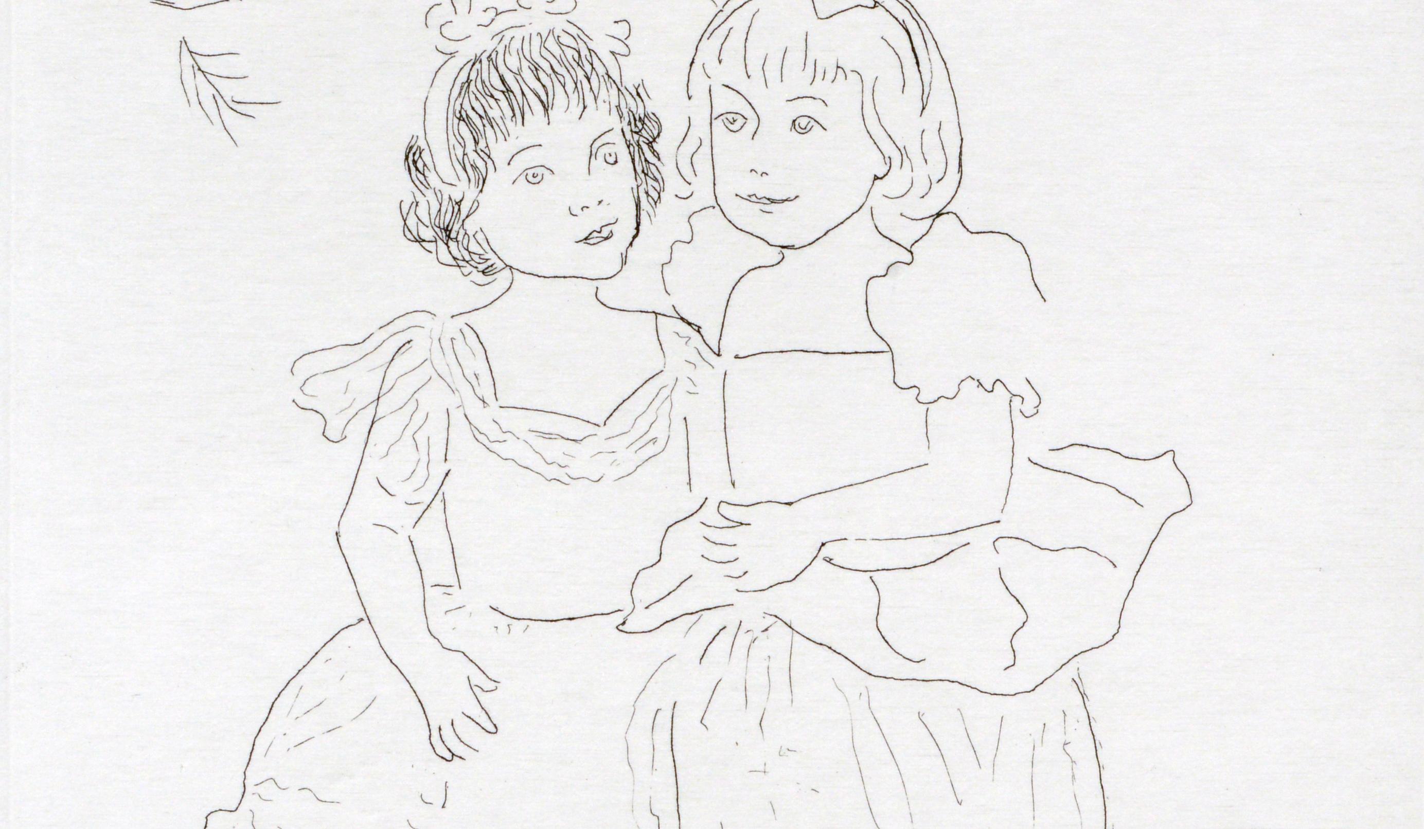 Gravure figurative de deux filles dans des robes, dessin au trait  - Gris Figurative Print par Dorian Krausz