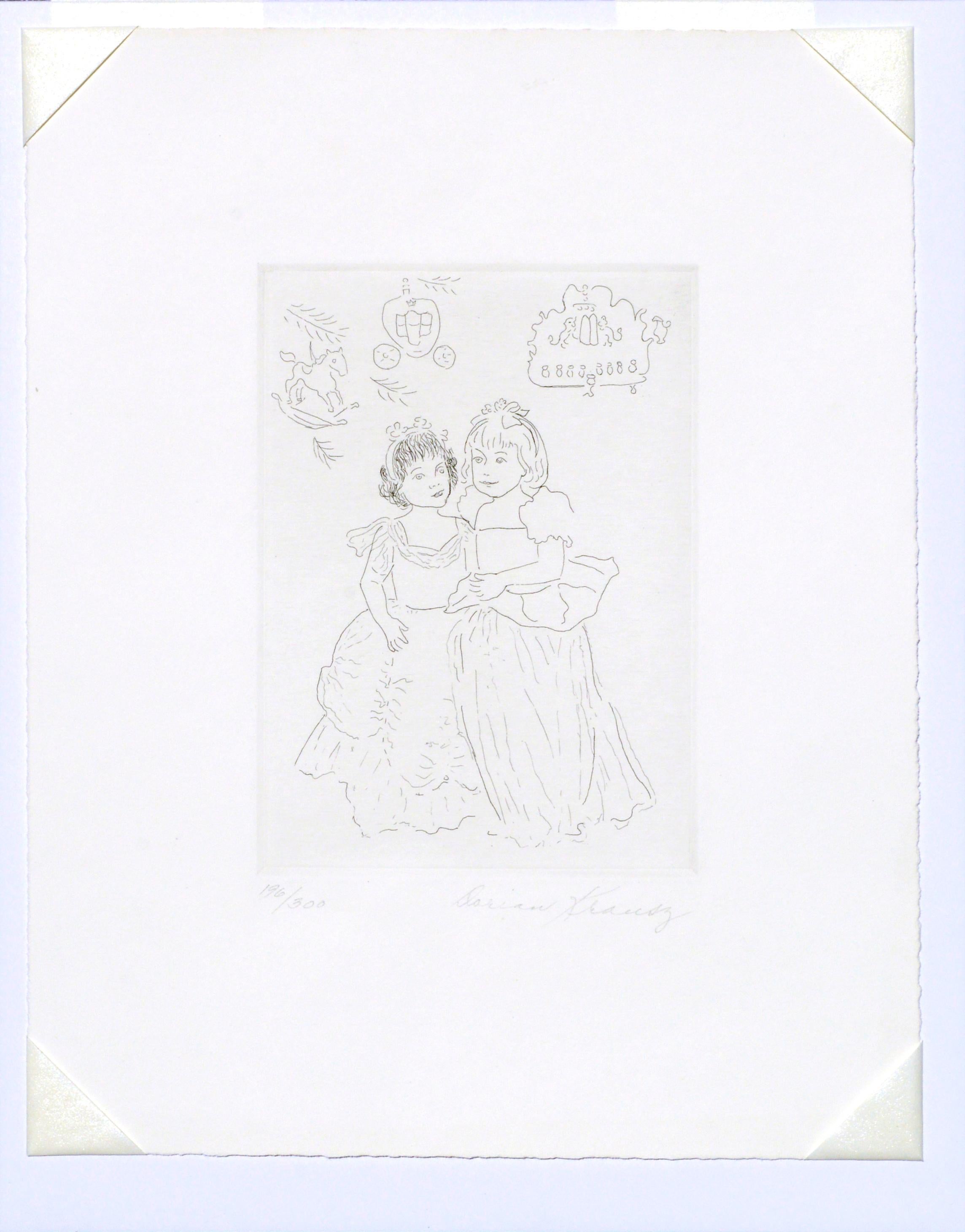 Gravure figurative de deux filles dans des robes, dessin au trait  en vente 1