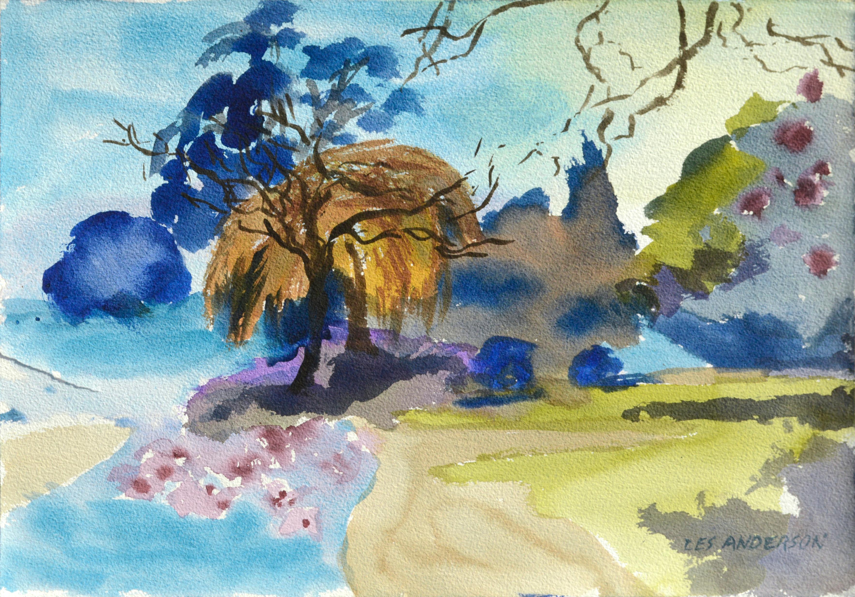 Les Anderson Landscape Art – Fauvistisch-aquarell-Landschaft mit windendem Weidenbaum