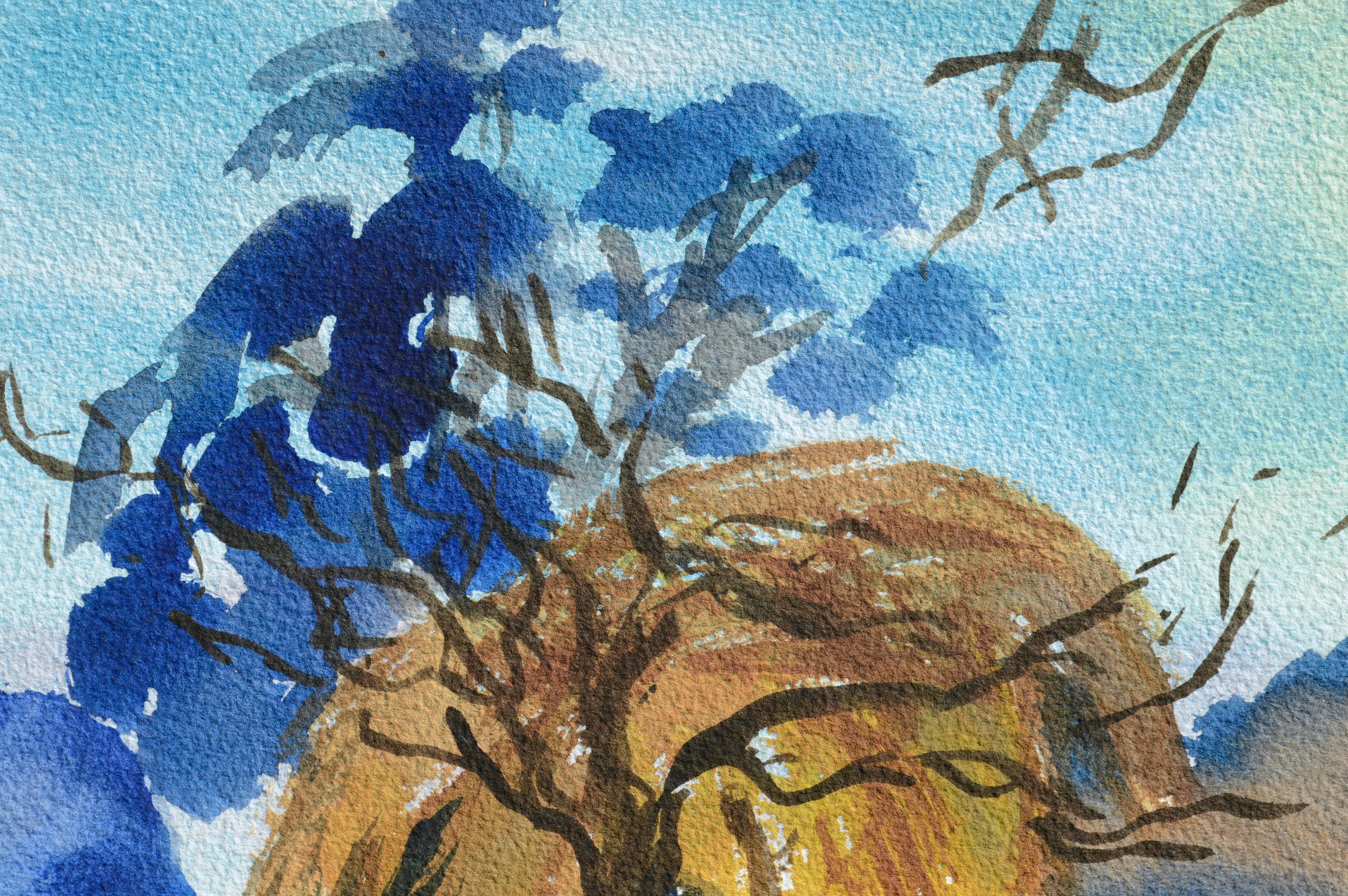 Fauvistisch-aquarell-Landschaft mit windendem Weidenbaum – Art von Les Anderson