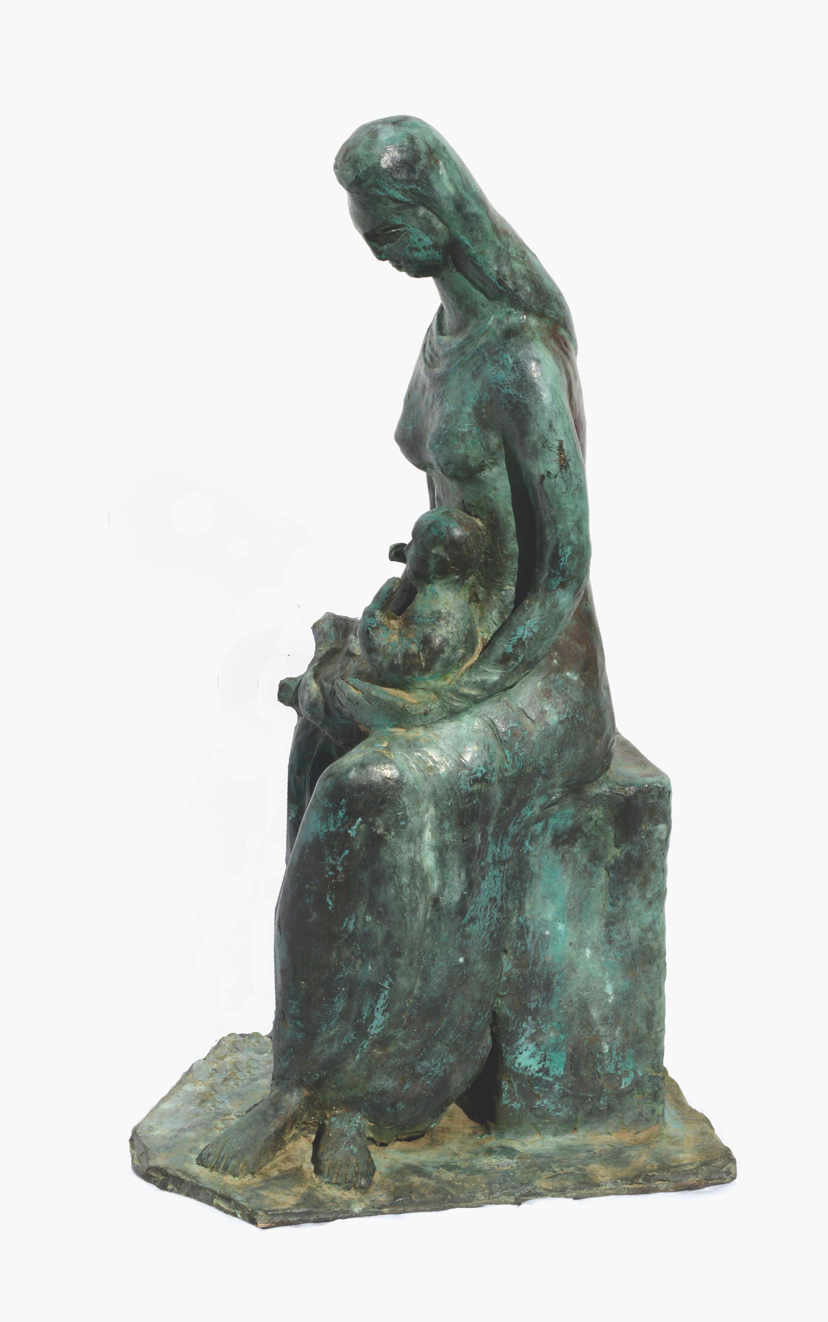 Expressive bronze sculpture of a mother holding an infant by Rose Van Vranken (American, 1918-2013). Signed and numbered 
