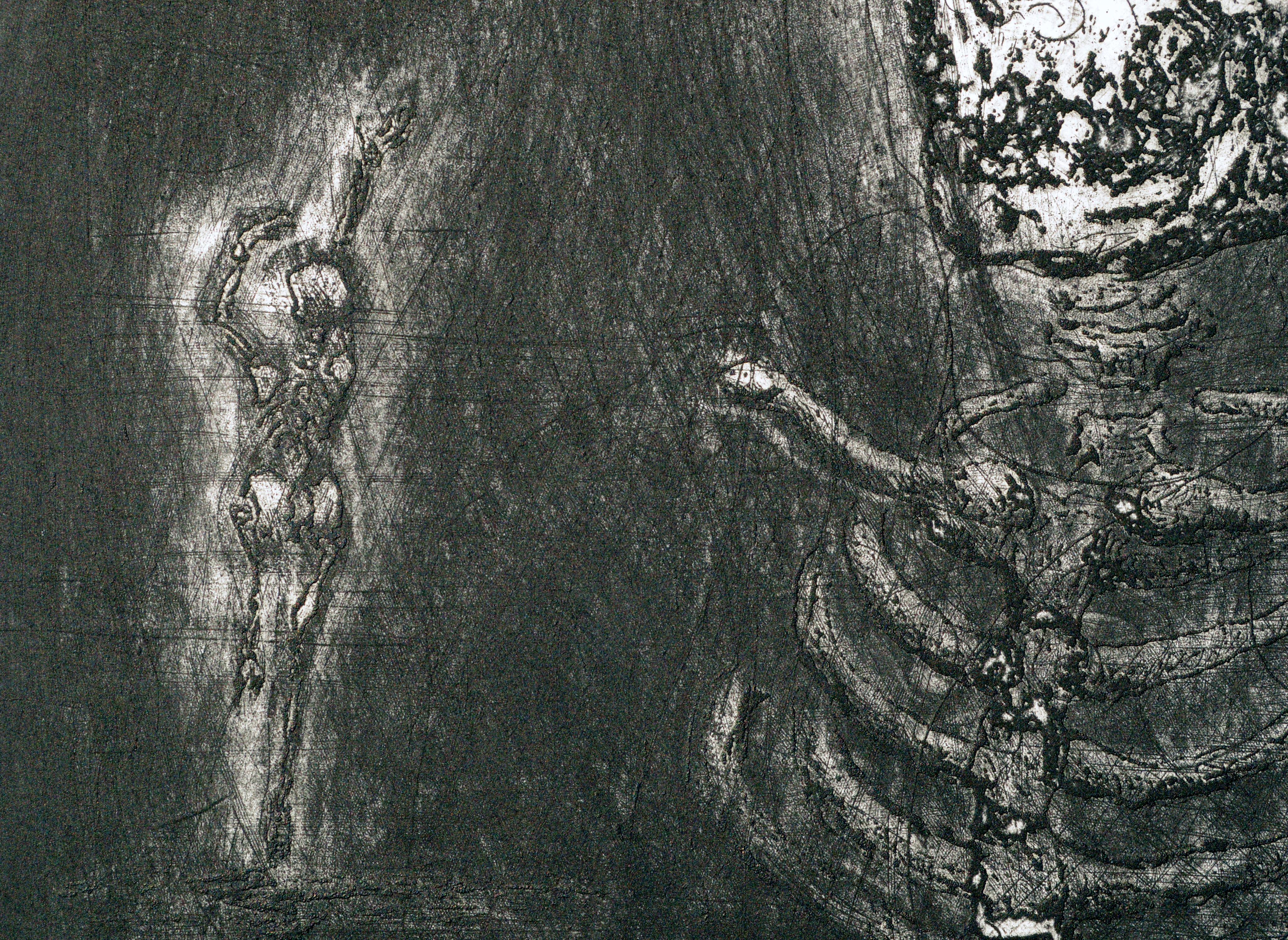 Remarquable lithographie abstraite figurative avec squelette de l'artiste californien I+I Colon (20e siècle). Numérotée, titrée et signée sur le bord inférieur (