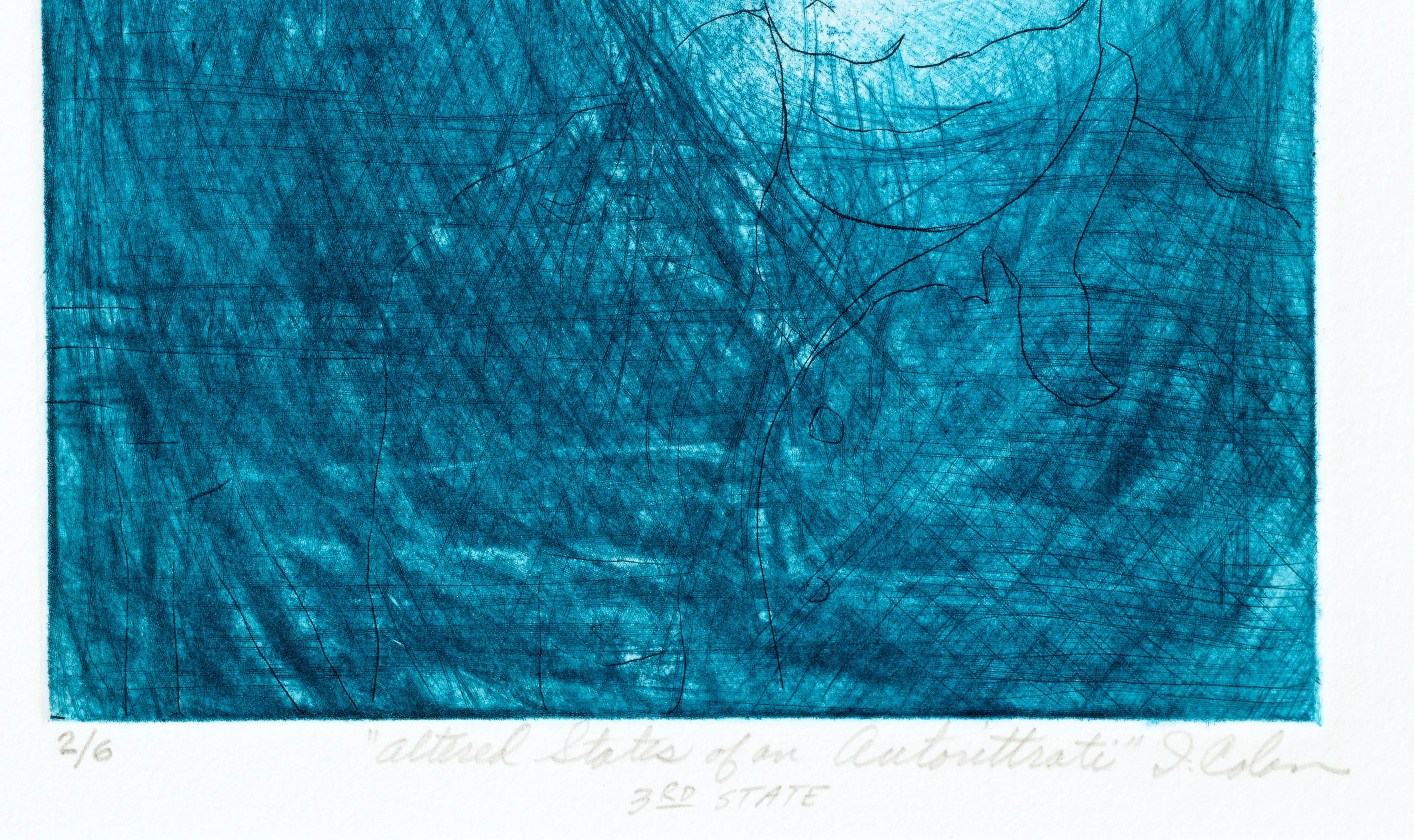 Kühnes modernistisches Selbstporträt in Blau, eine Lithografie des kalifornischen Künstlers I. Colon (20. Jahrhundert). Nummeriert, betitelt und signiert am unteren Rand (