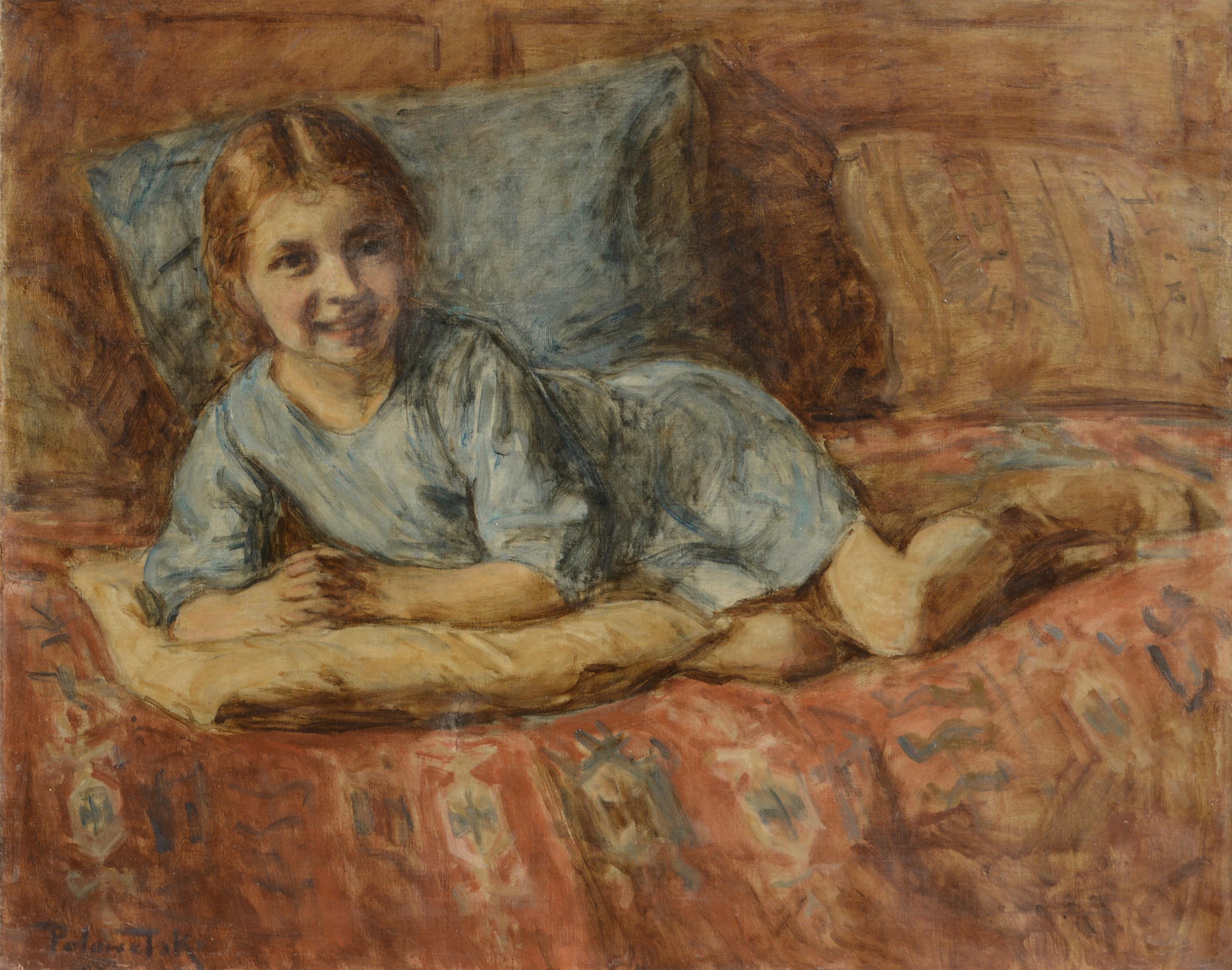 Porträt eines jungen Mädchens in Blau aus dem frühen 20. Jahrhundert – Painting von Charles Ezekiel Polowetski