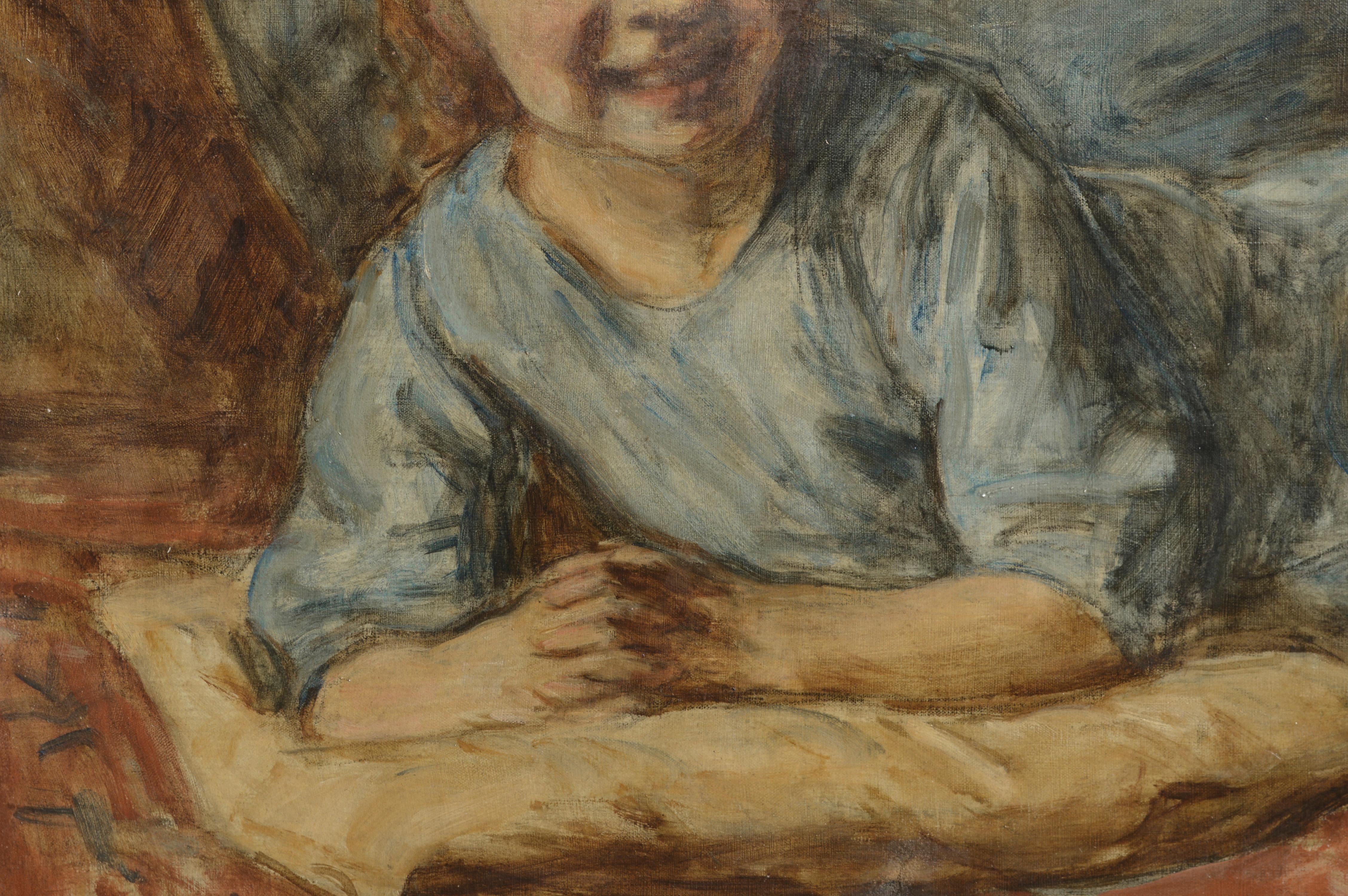 Porträt eines jungen Mädchens in Blau aus dem frühen 20. Jahrhundert (Braun), Figurative Painting, von Charles Ezekiel Polowetski