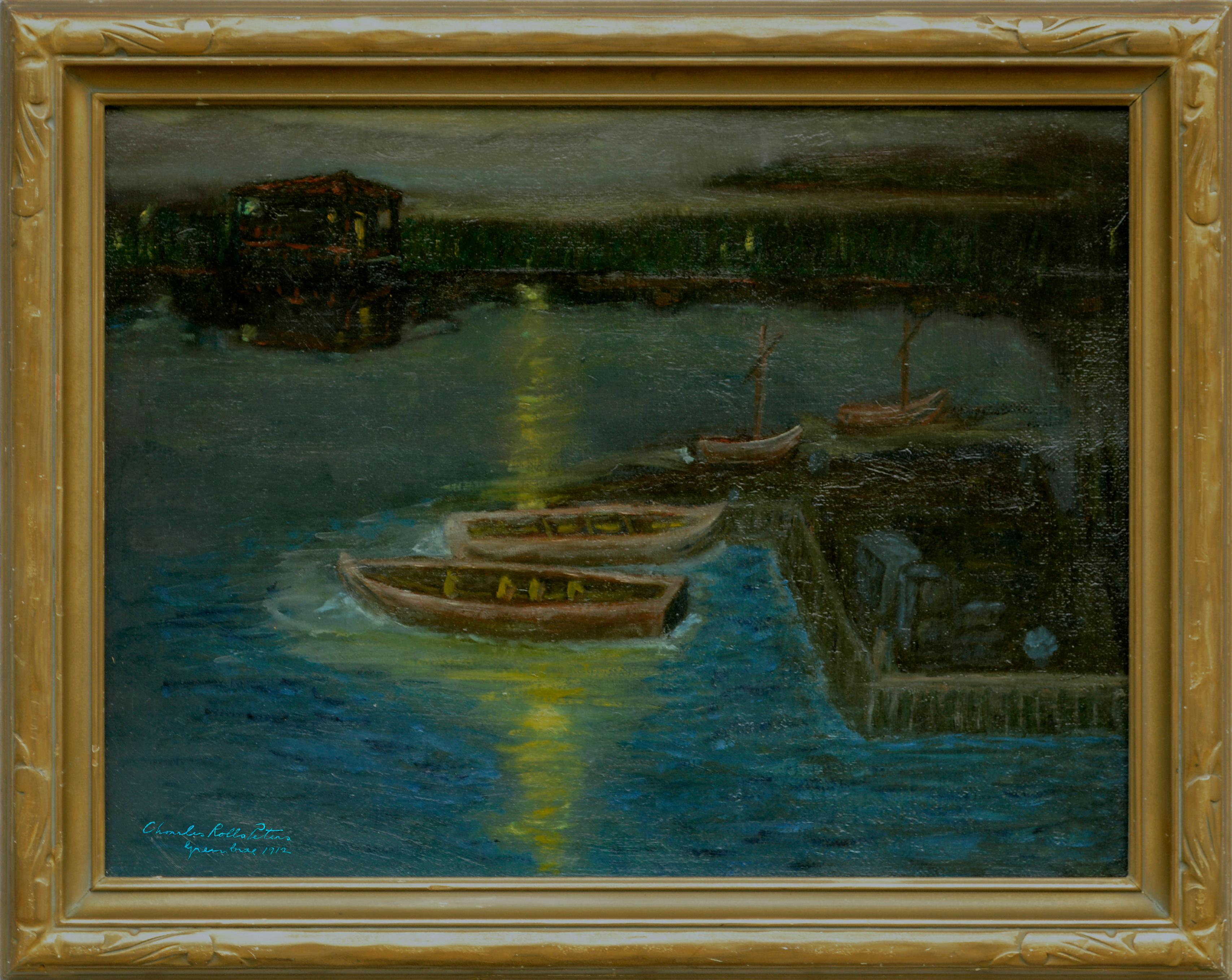 Case galleggianti al chiaro di luna a Greenbrae Lagoon - Raro scatto notturno, Charles Rollo Peters