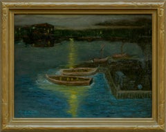 Moonlit-Wohnboote in Greenbrae Lagoon – seltene, ungewöhnliche L/S, Charles Rollo Peters