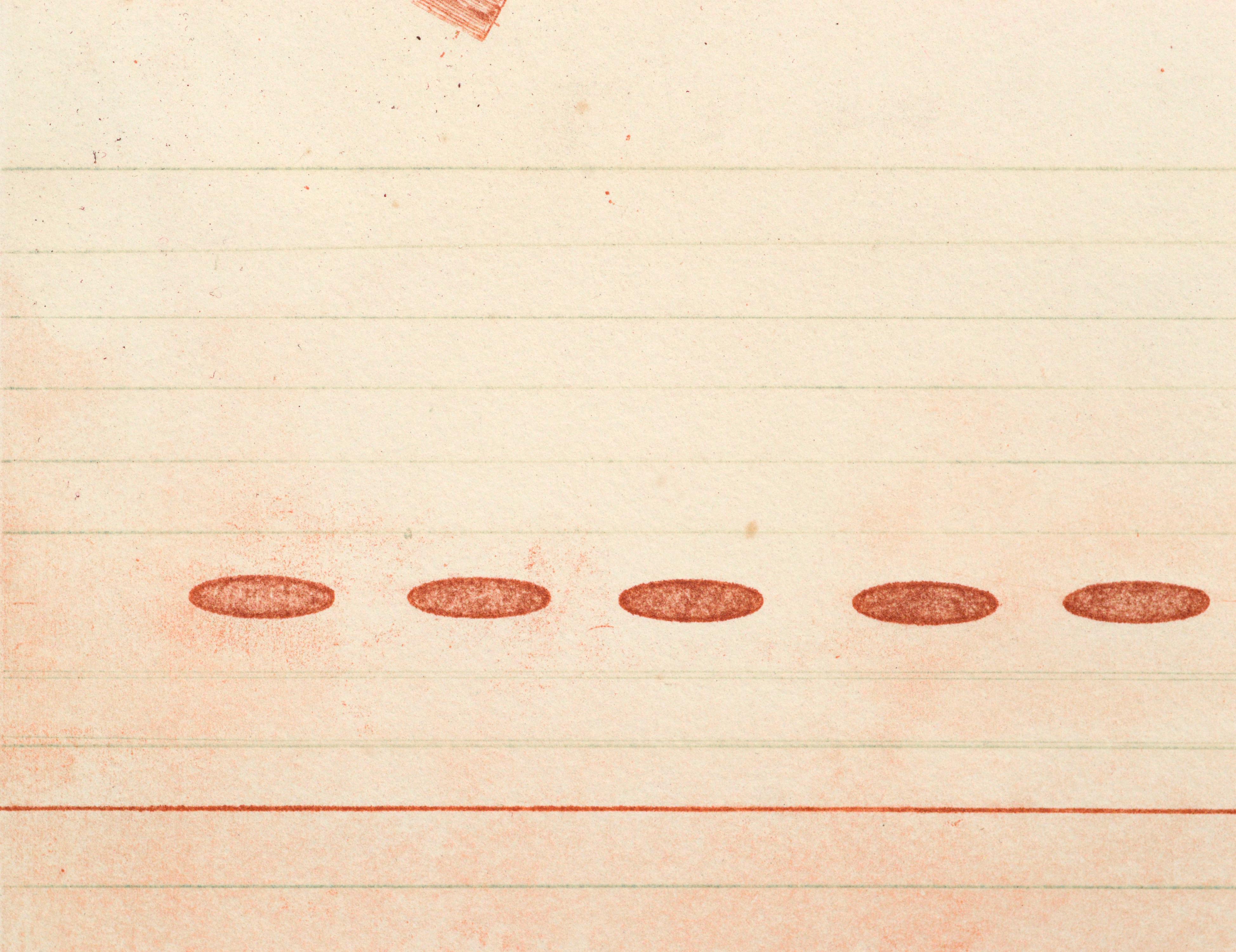 « Orange Row », composition géométrique abstraite minimaliste avec ovales, édition limitée

Des ovales délicats et parfaits de couleur orange, jaune, rouge et bleue sont disposés à dessein sur du papier ligné dans cette composition abstraite