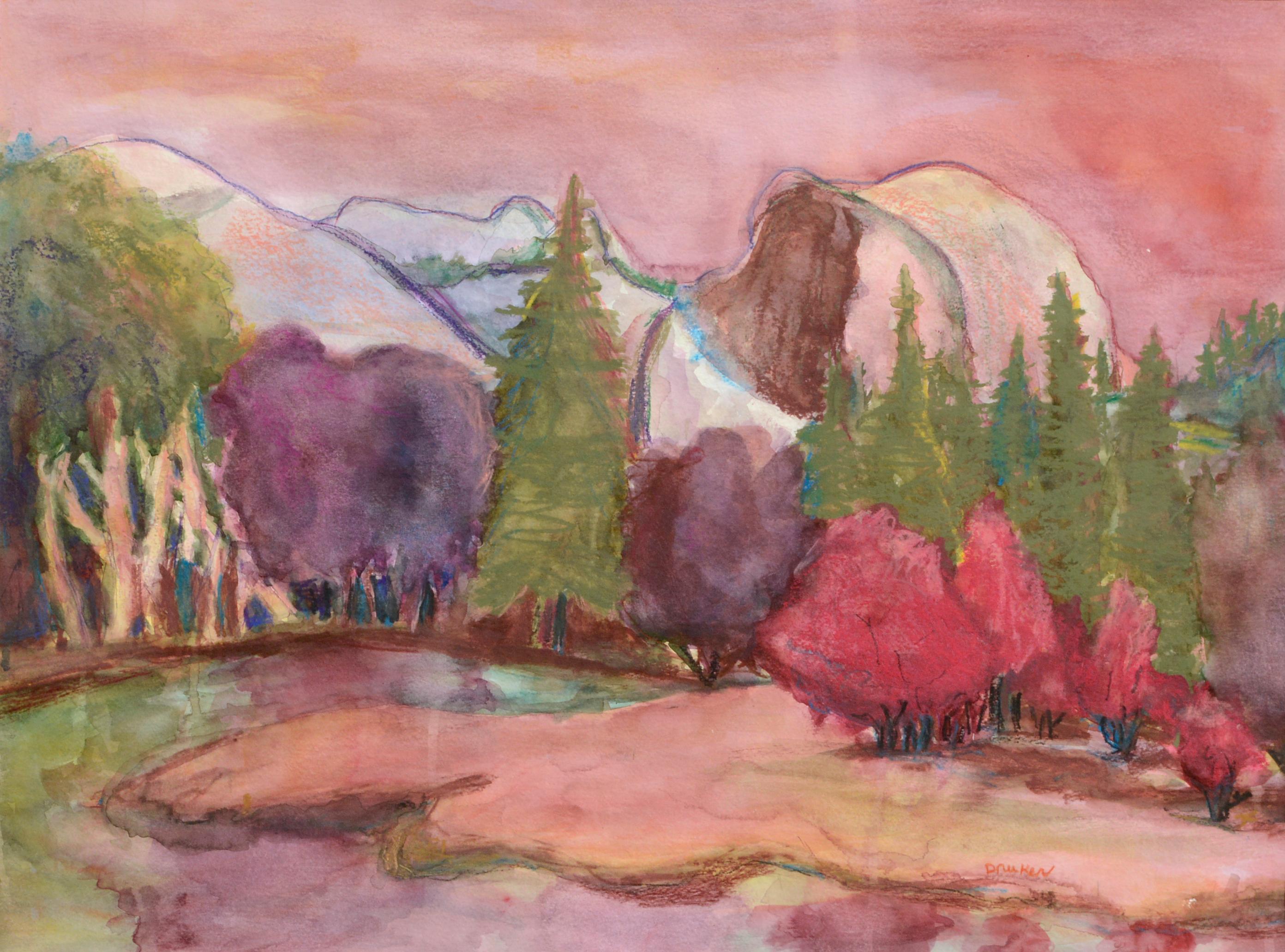 Halbkuppel in pastellfarbenen Farben, Fauvistische Landschaft des Yosemite National Parks, Aquarell – Art von Karen Druker
