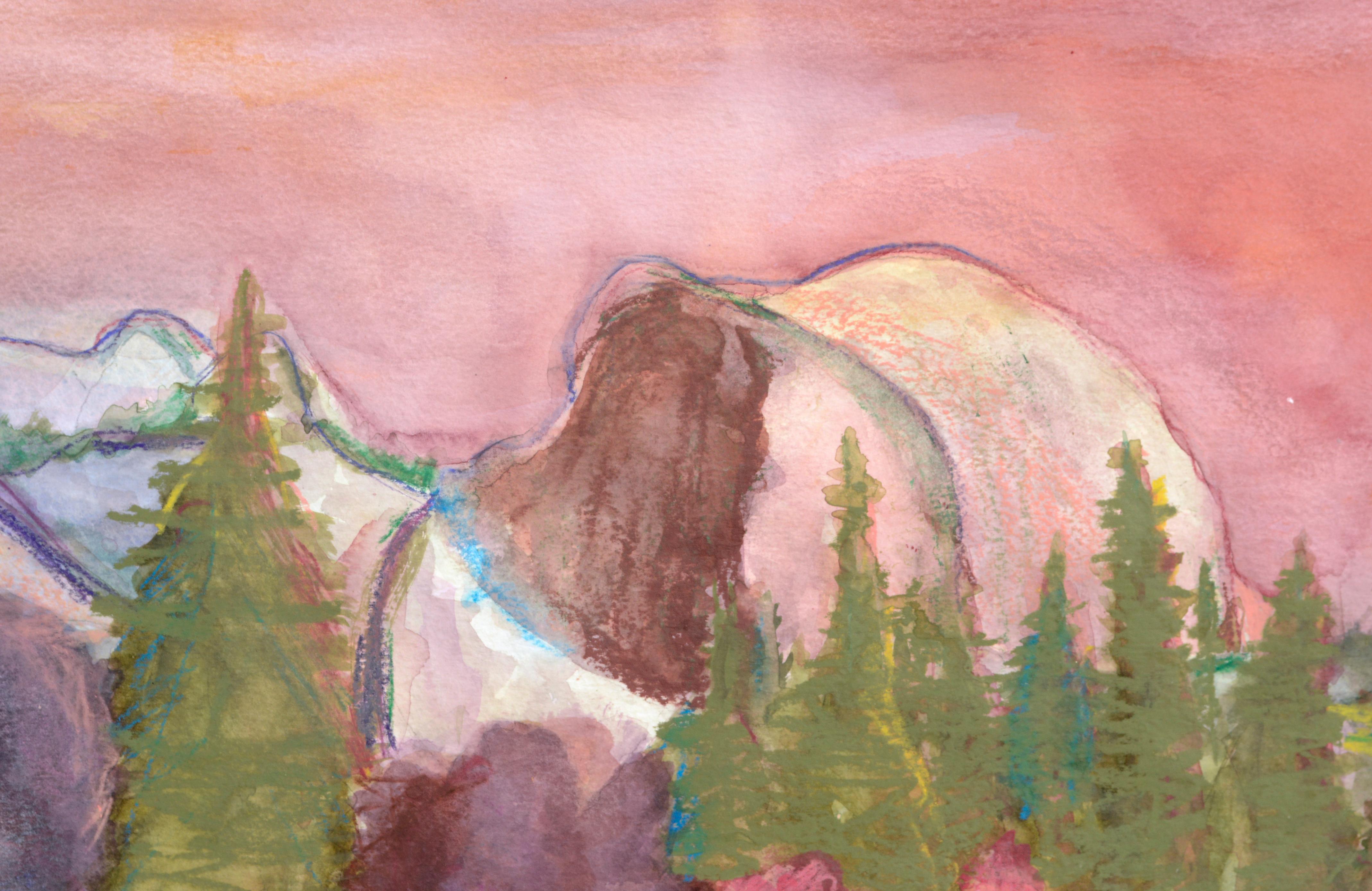 Halbkuppel in pastellfarbenen Farben, Fauvistische Landschaft des Yosemite National Parks, Aquarell (Beige), Landscape Art, von Karen Druker