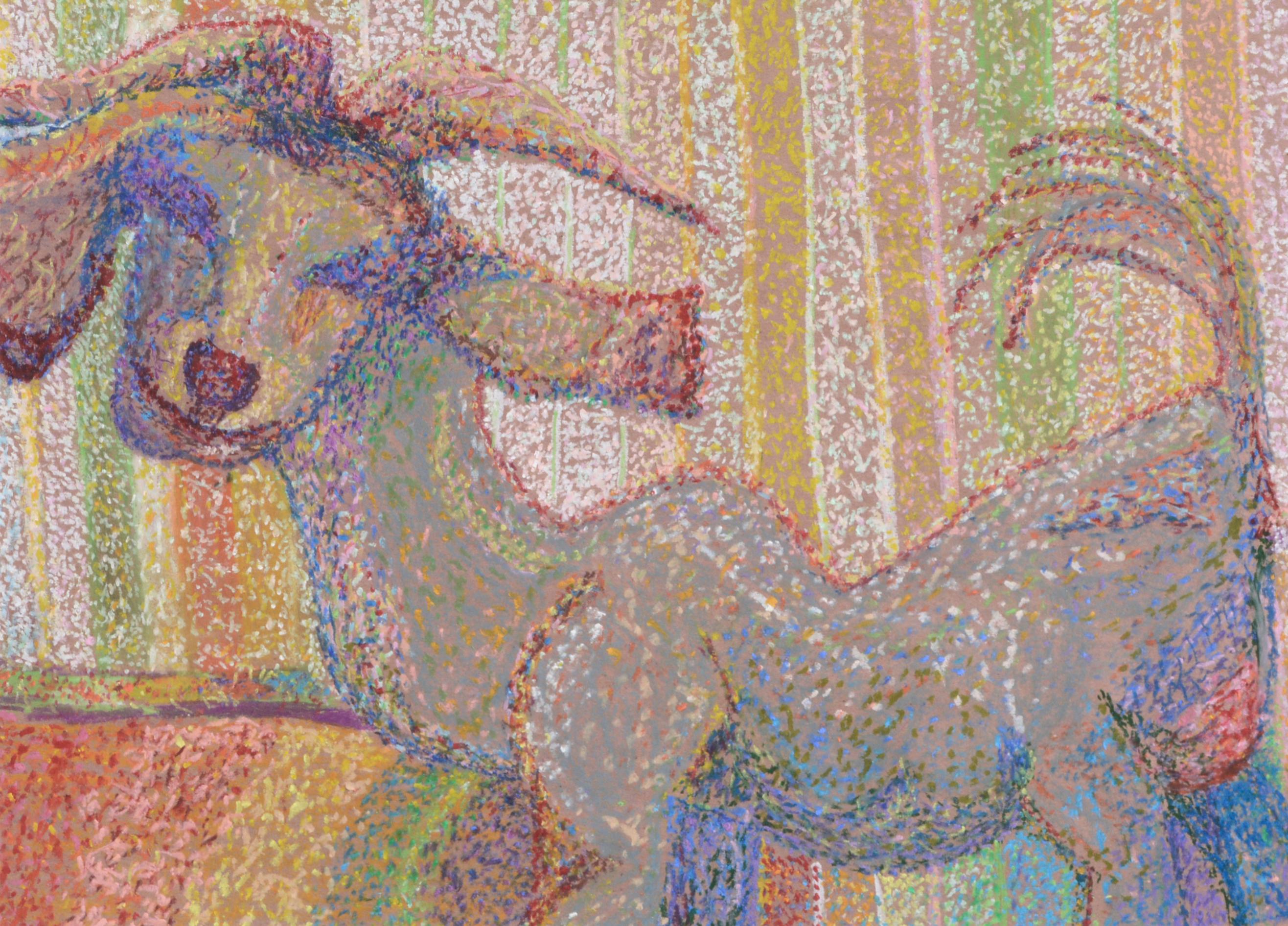 Bunte Ziege, mehrfarbiges, pointillistisches Pastell – Art von Karen Druker