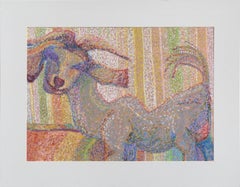Colorful Goat, Multicolor Pointilist Pastel