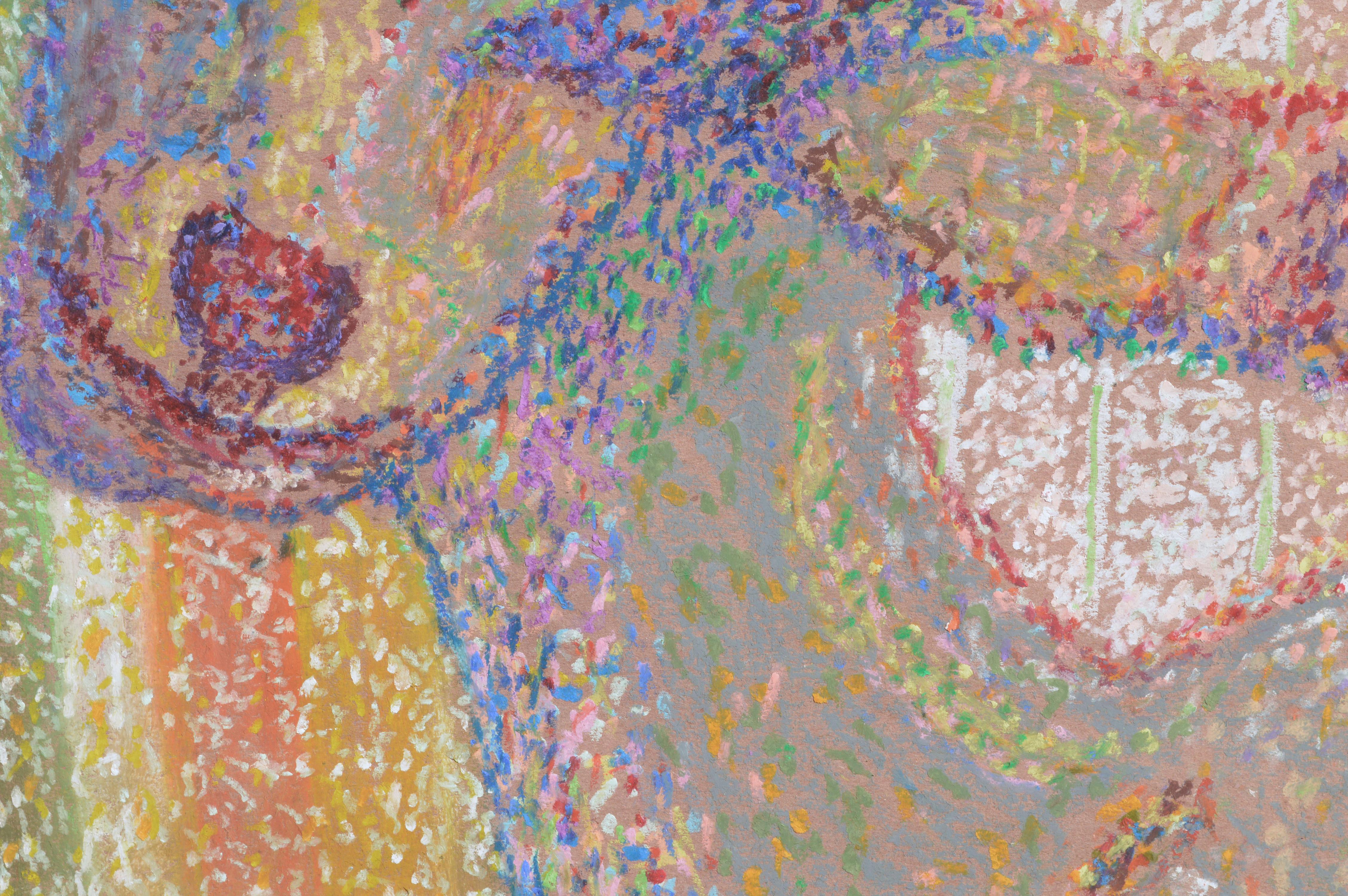 Charmantes Pastell einer farbenfrohen Ziege, komponiert im pointilistischen Stil mit Tausenden von winzigen bunten Punkten, von Karen Druker (Amerikanerin, 1945). Verso signiert 