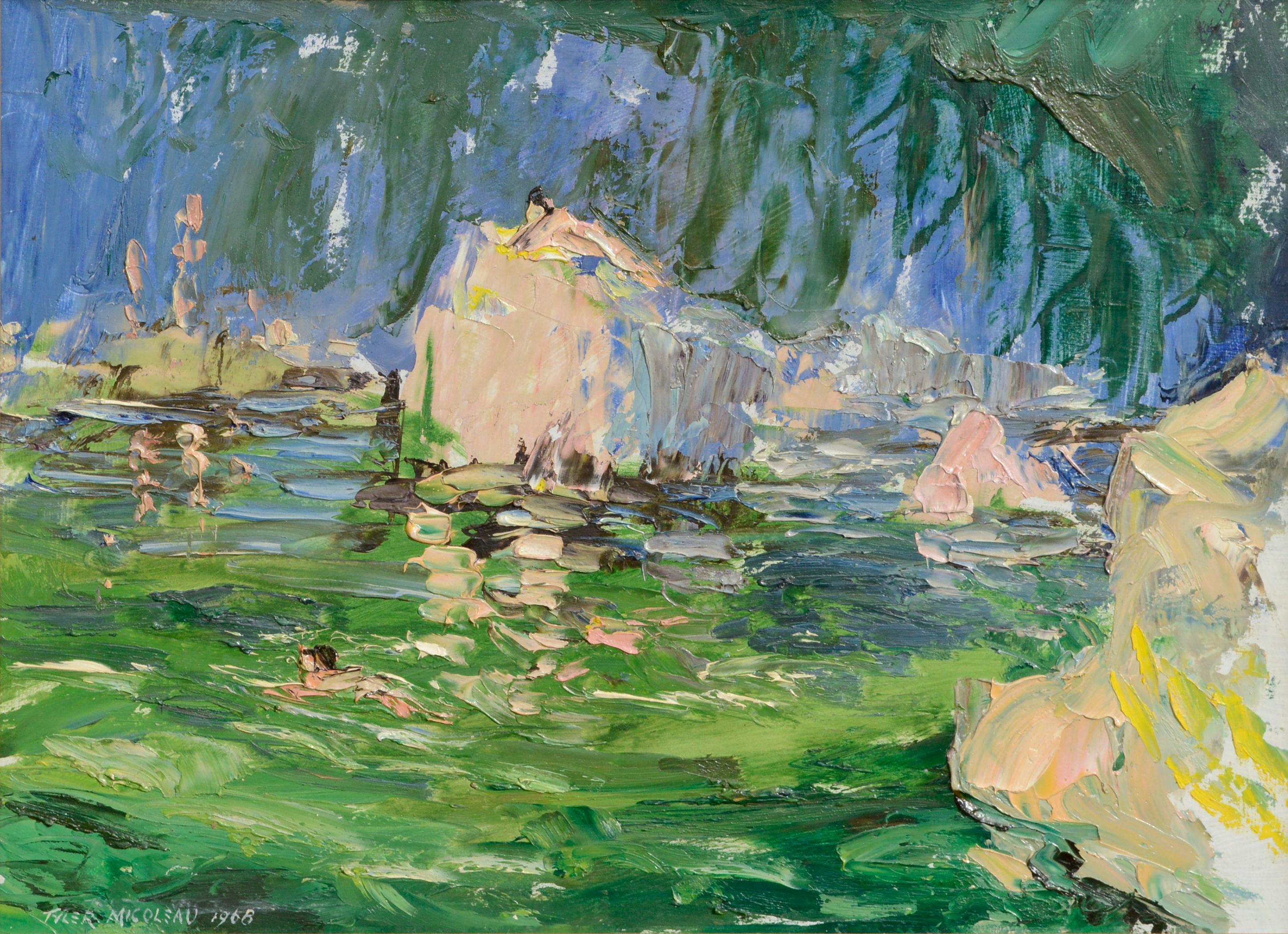 Rocky Outcropping and Bathers at the Swimming Hole – Landschaft – Painting von Tyler Micoleau