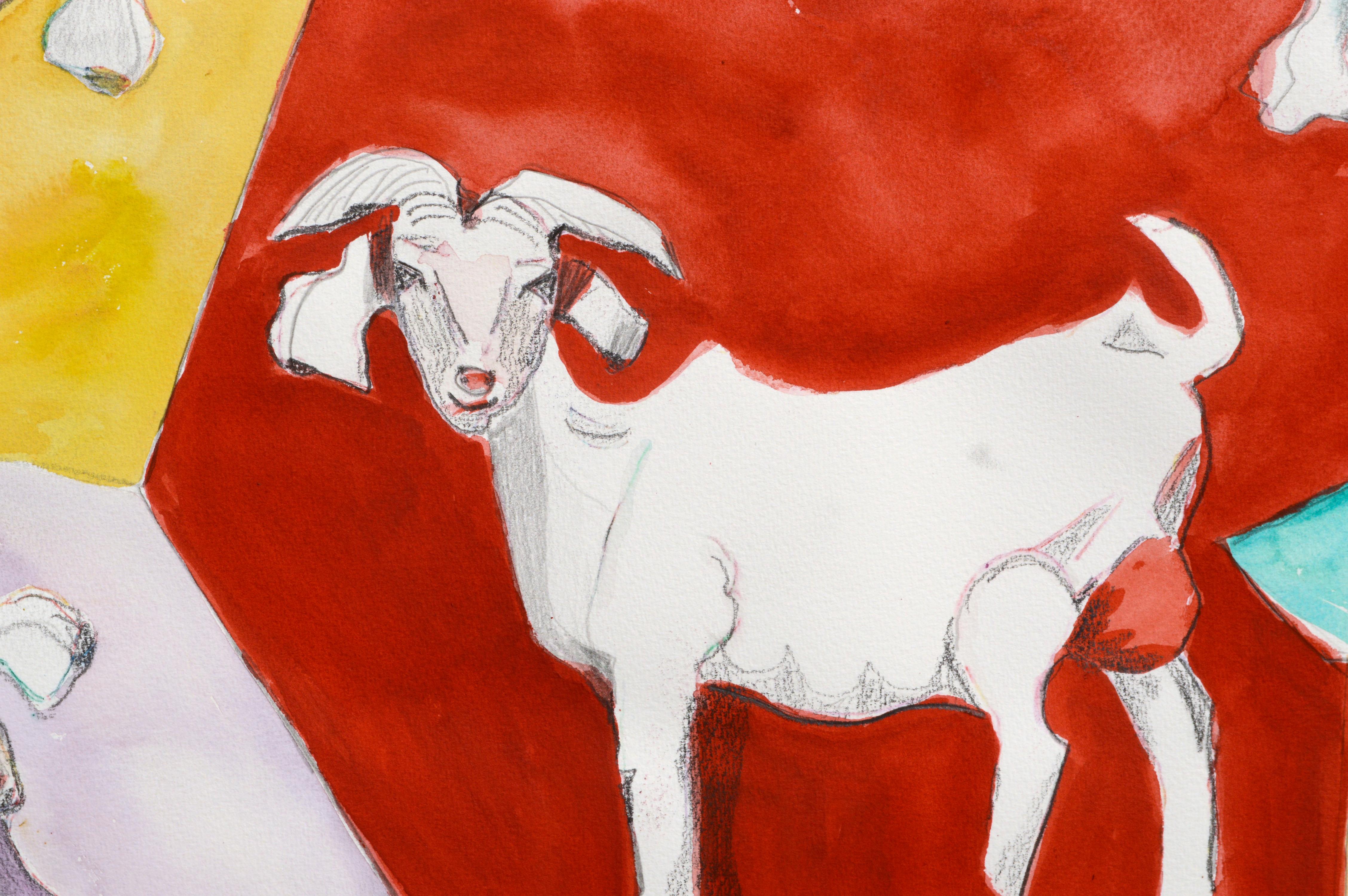 Modernist Colorful Goats Abstract  - Gray Animal Art by Karen Druker