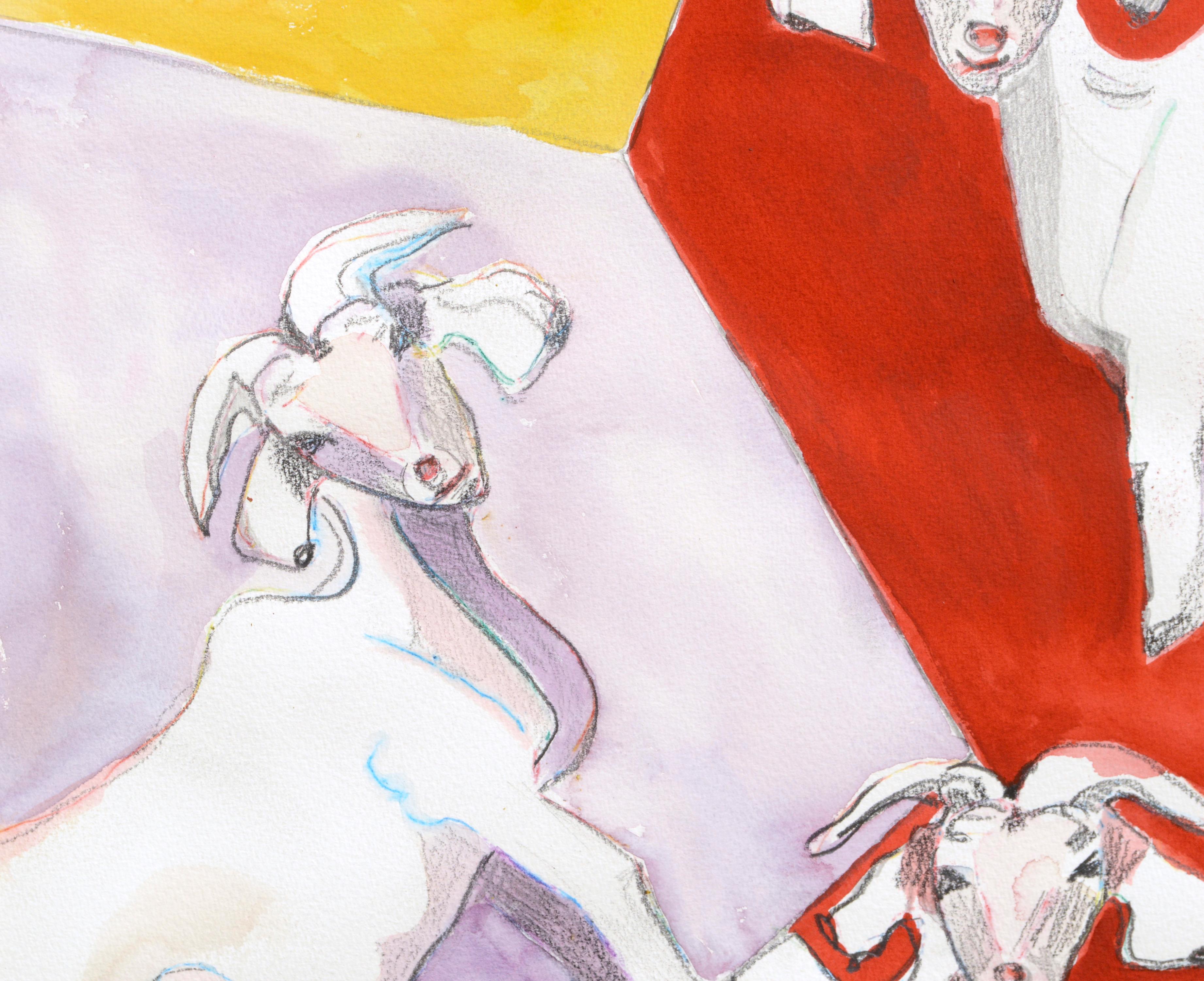 Fun and bright watercolor with goats, the form of the goat repeating on a bold abstract background of fractured color-fields in highly saturated hues, by Karen Druker (American, 1945). Signed 
