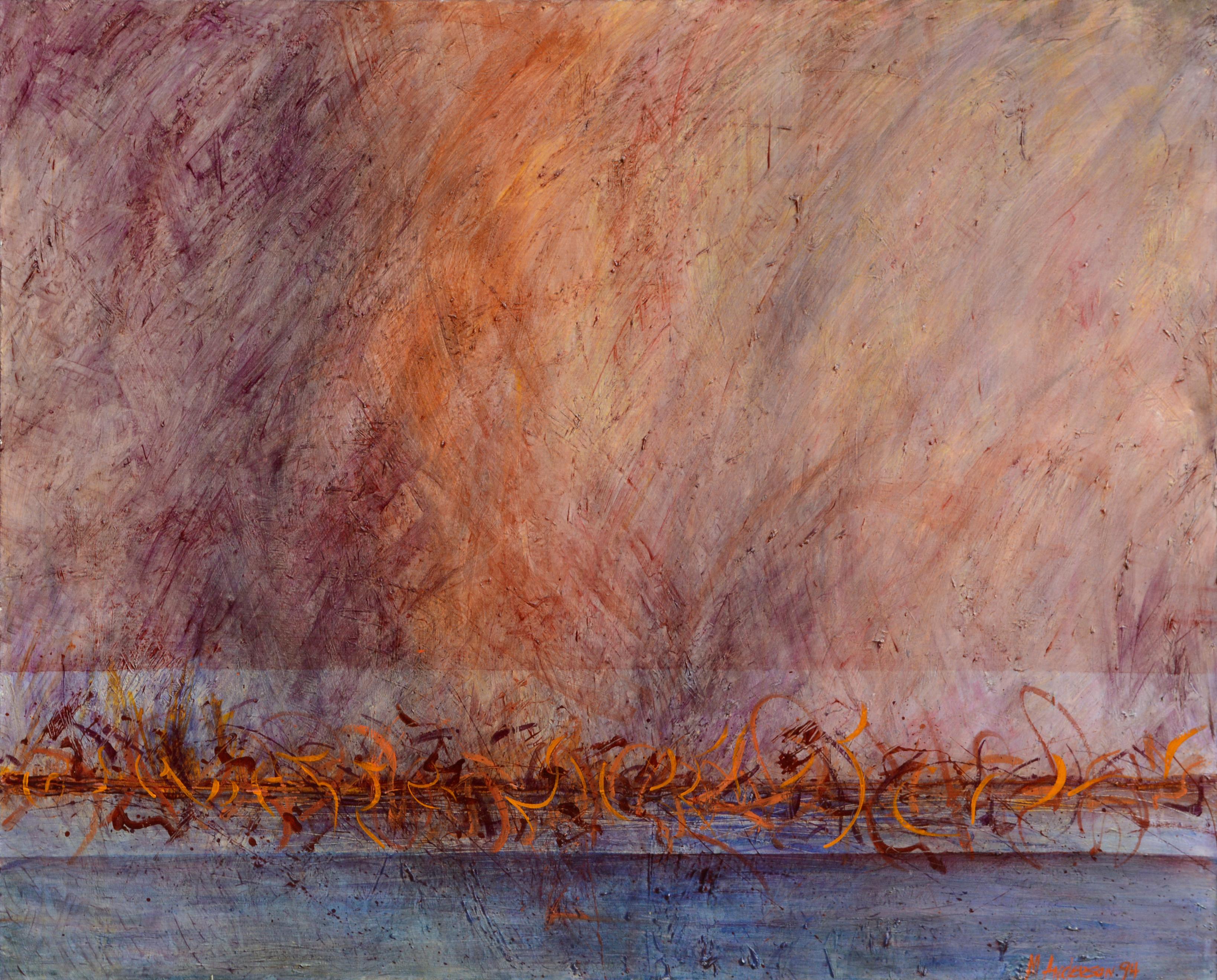 M. Anderson Figurative Painting - Abstract Fire Birds on the Water