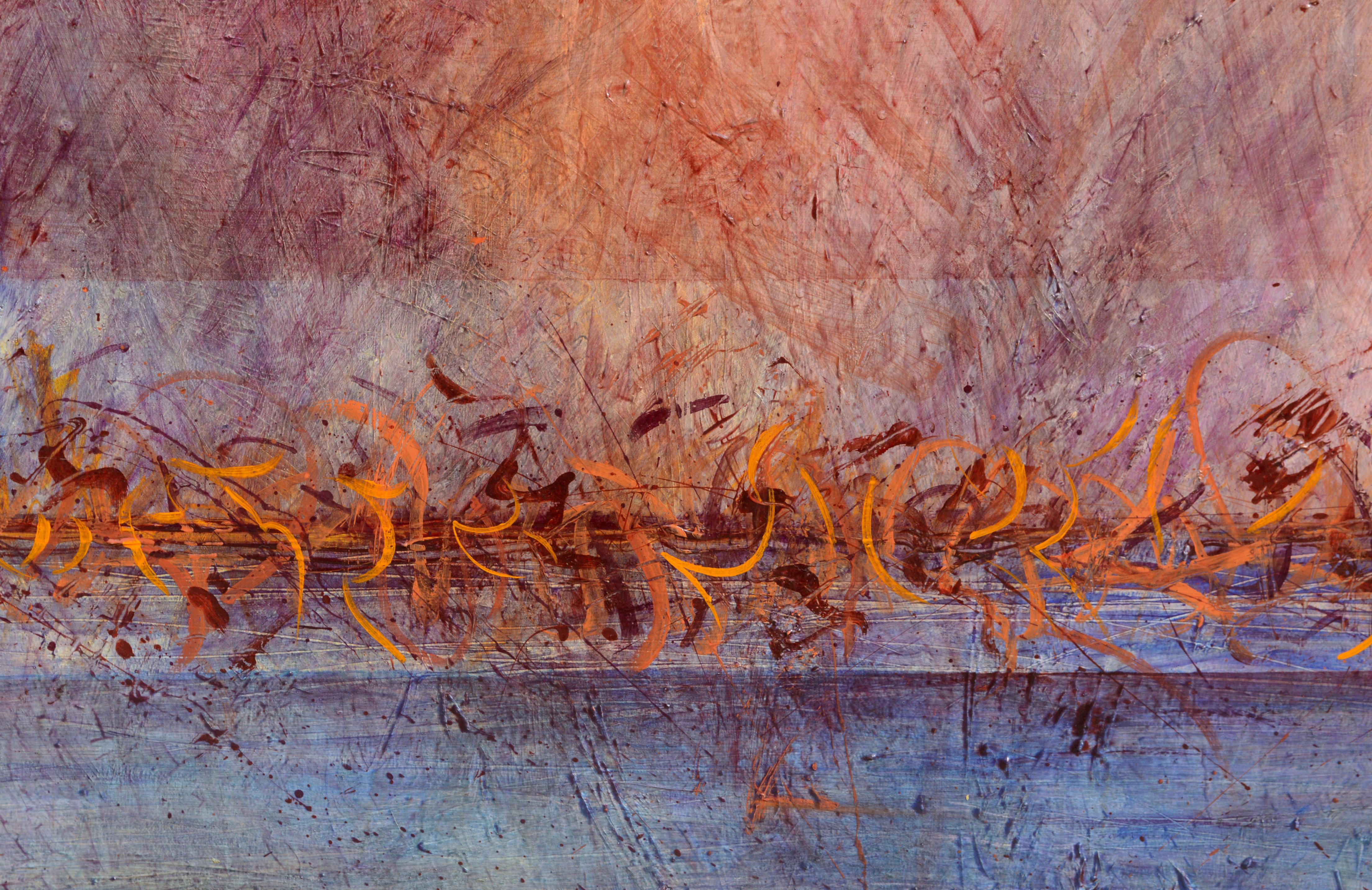 Abstract Fire Birds on the Water - Brown Figurative Painting by M. Anderson