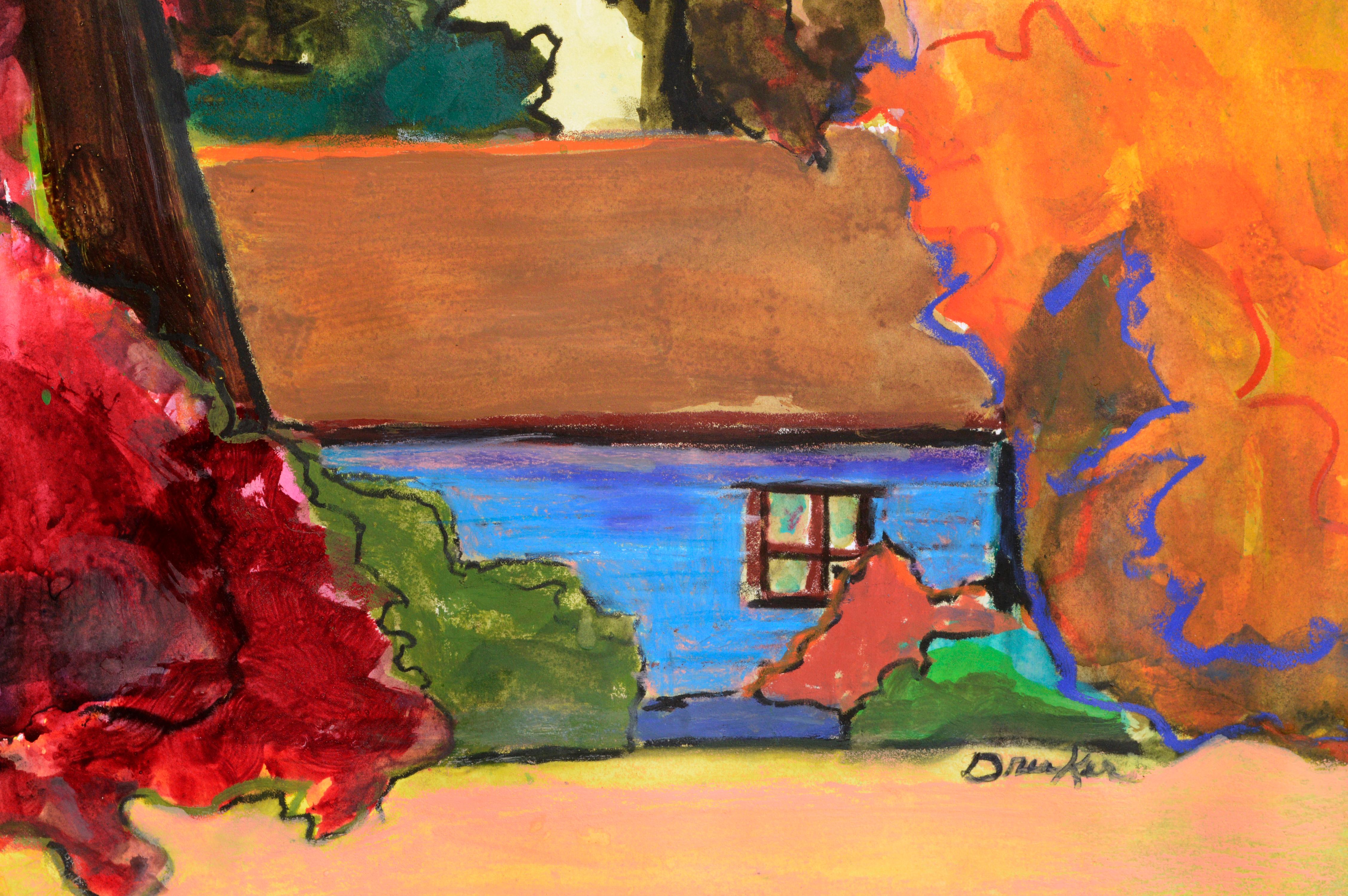 The Blue Cabin - Vertical Landscape - Orange Landscape Art by Karen Druker