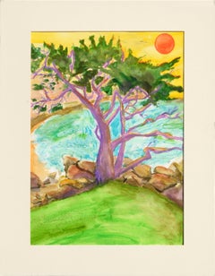Purple Cypress Tree - Coastal Fauvist Vertical Landscape
