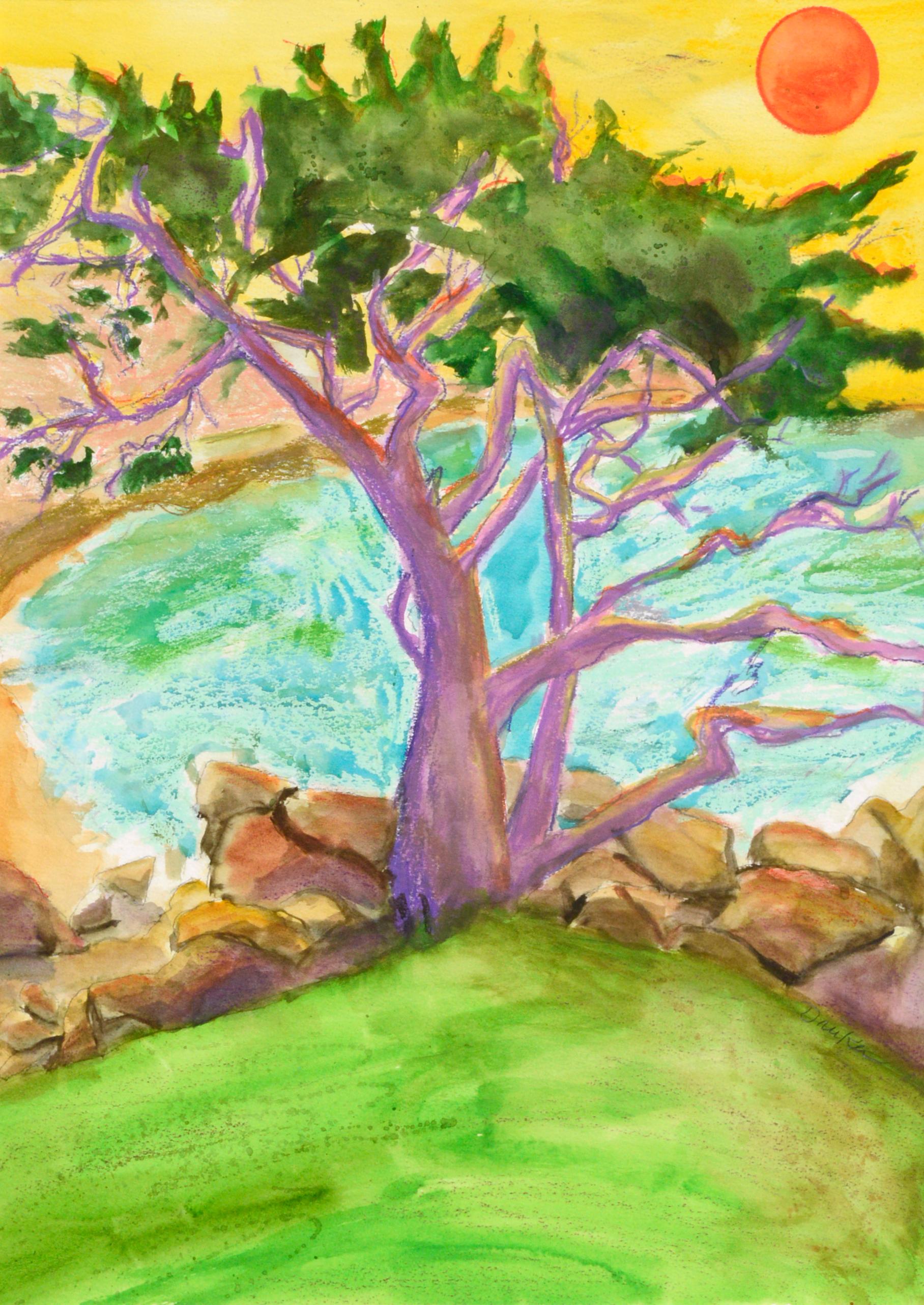 Purple Cypress Tree - Coastal Fauvist Vertical Landscape - Painting by Karen Druker