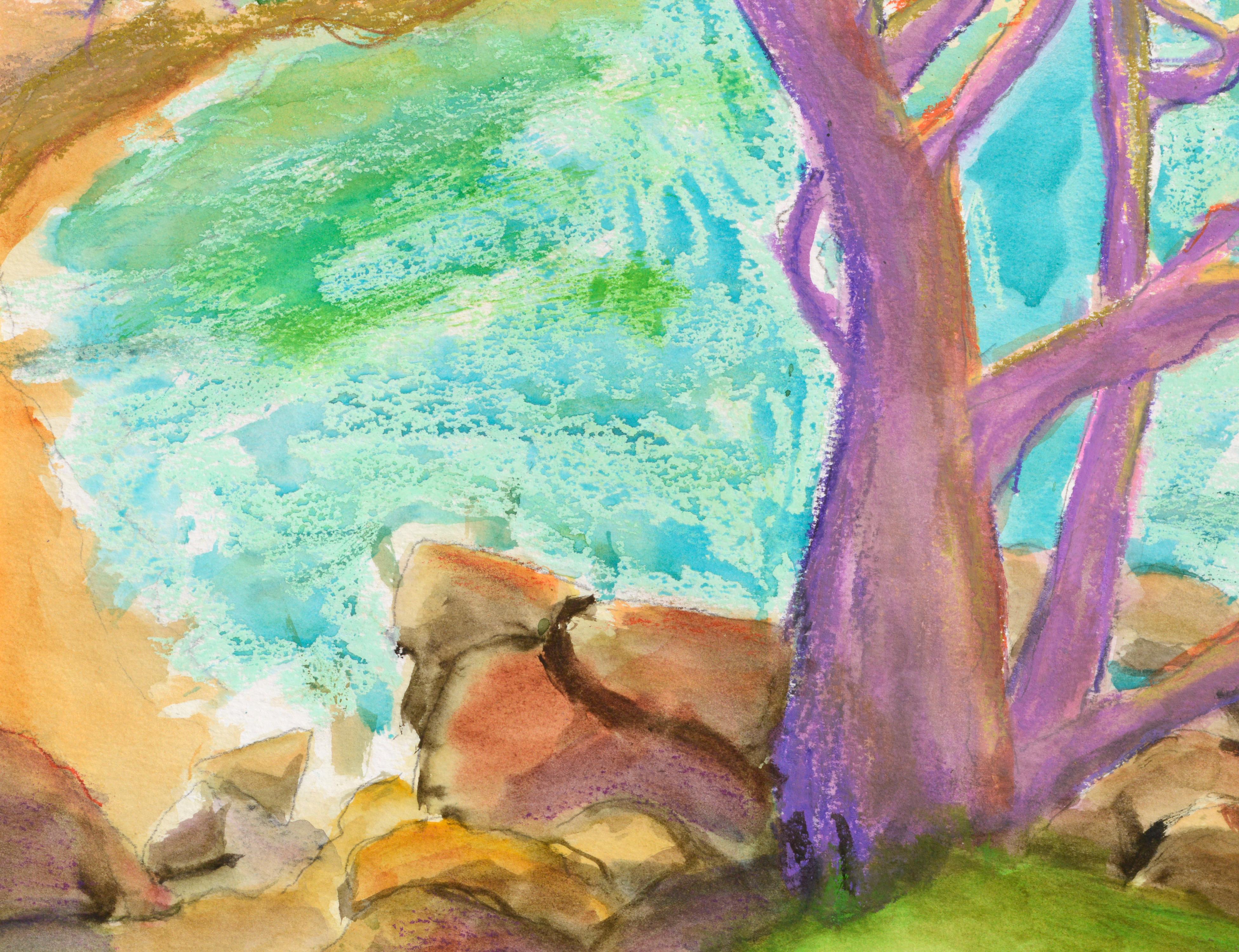 Purple Cypress Tree - Coastal Fauvist Vertical Landscape - Beige Landscape Painting by Karen Druker